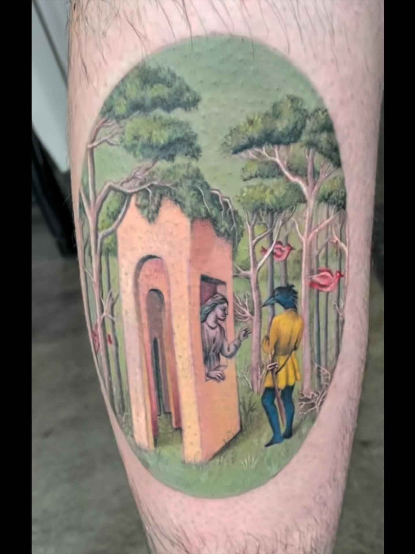 Forest scene illustrative tattoo on the forearm by Lu Taylor, Minneapolis, Minnesota