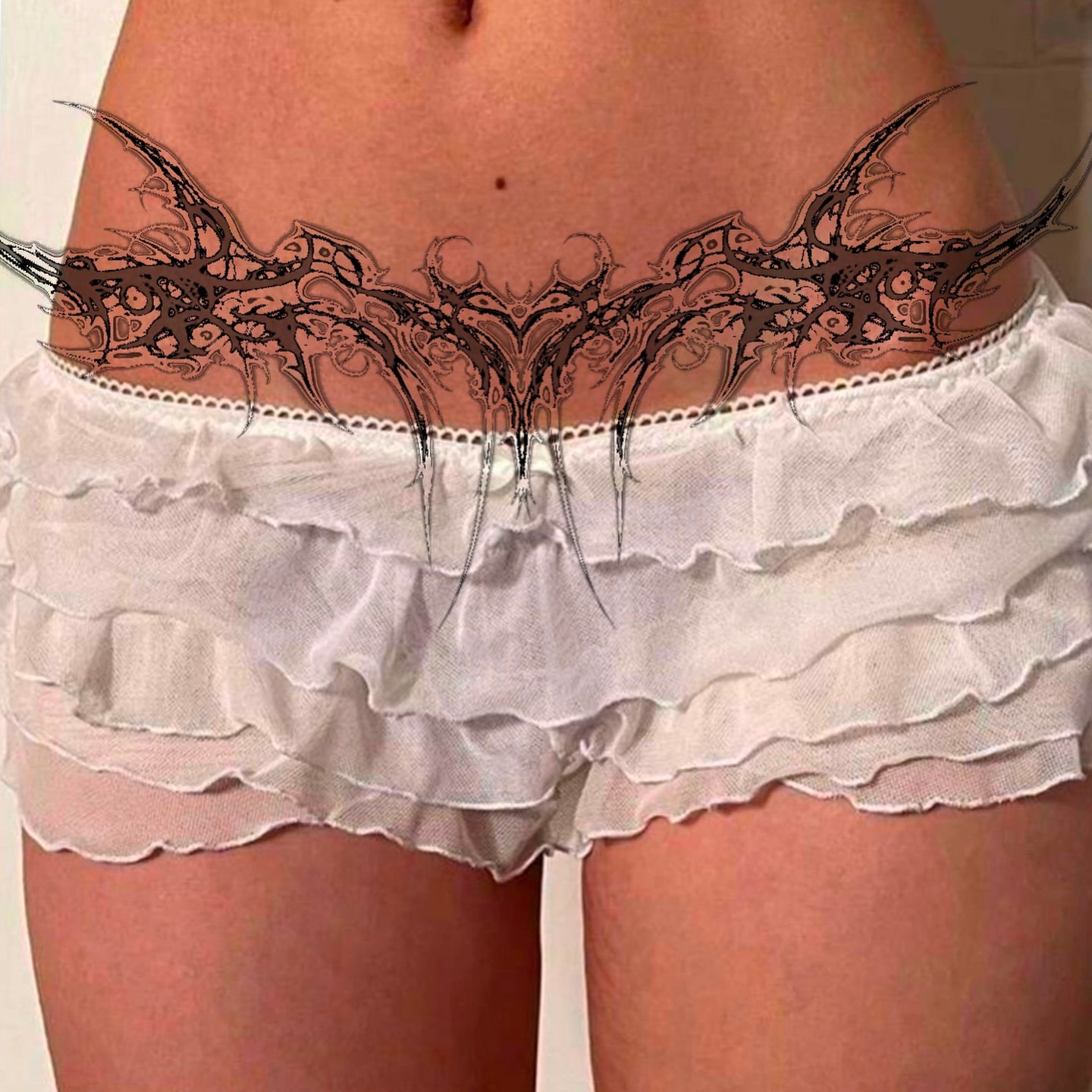 Abstract floral design black and grey tattoo on the thigh by @miffythereaper