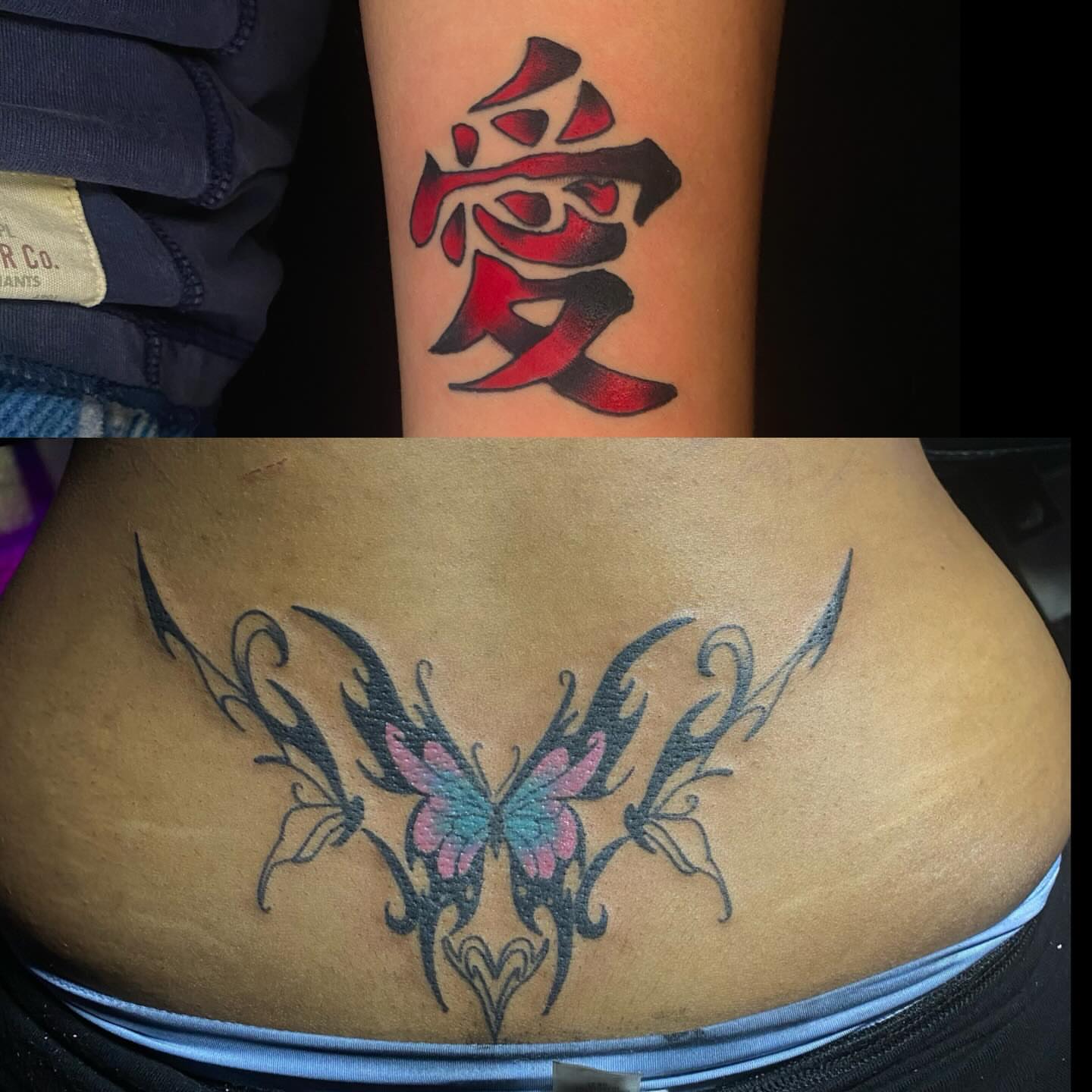 Kanji character American traditional tattoo on the thigh by Shelby Warren