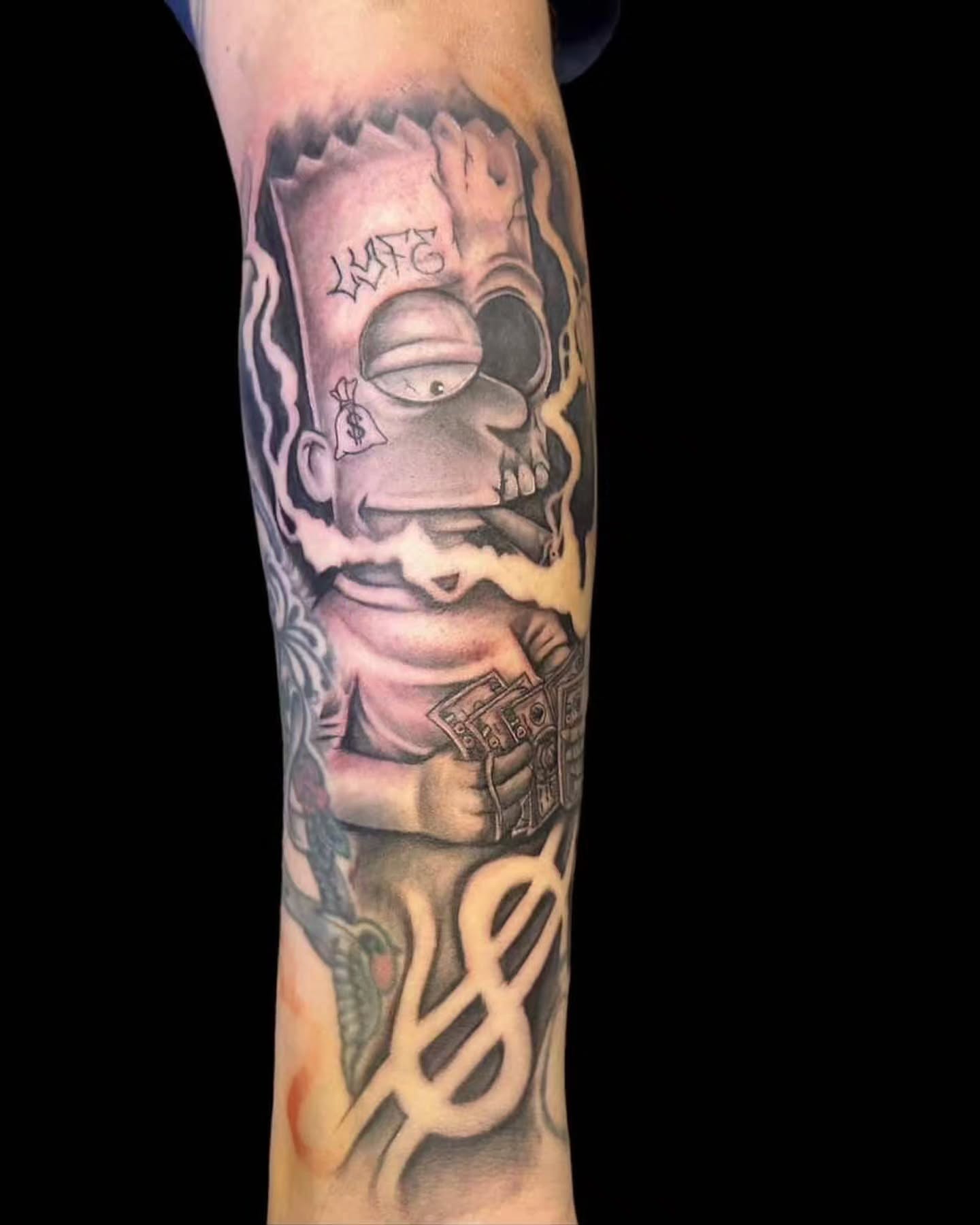 Bart simpson black and grey tattoo on the forearm by Joe 💭👁