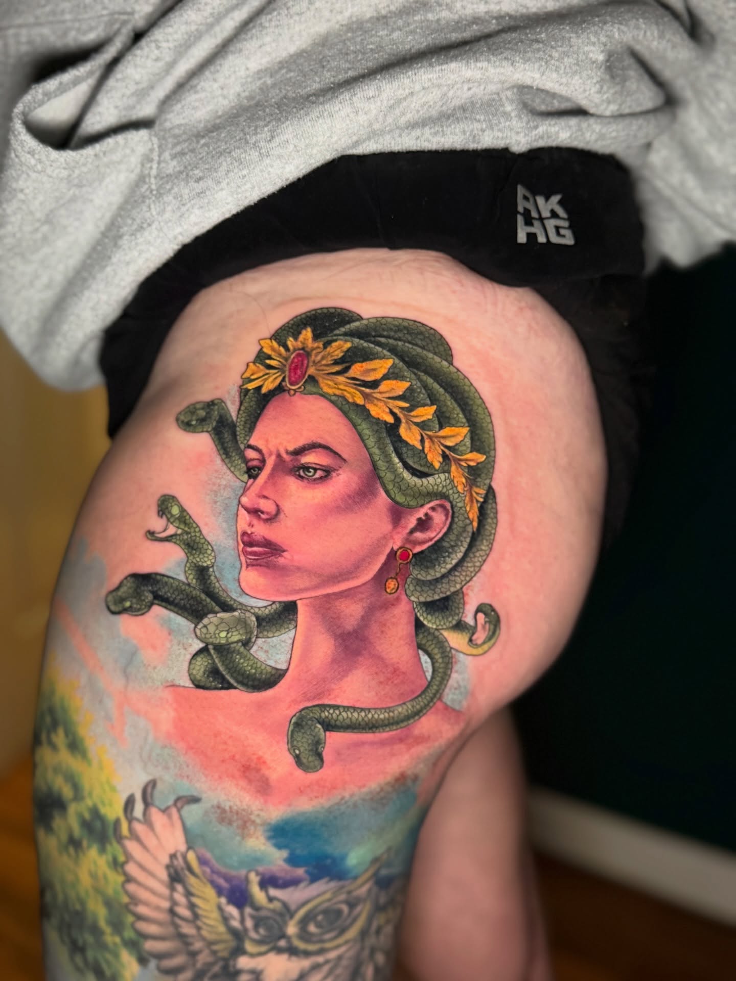 Medusa realism tattoo on the thigh by Kelsey Kemp