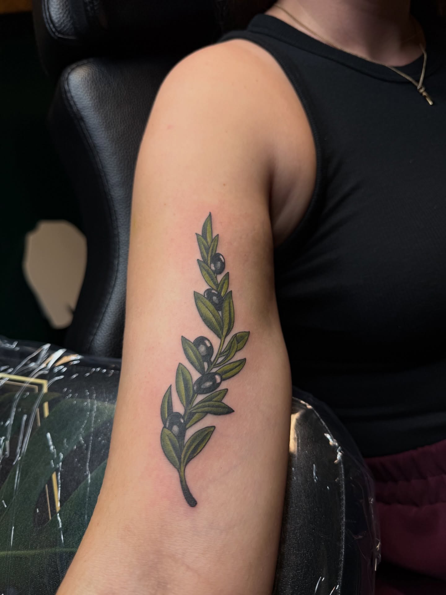 Olive branch black and grey tattoo on the forearm by Kelsey Kemp