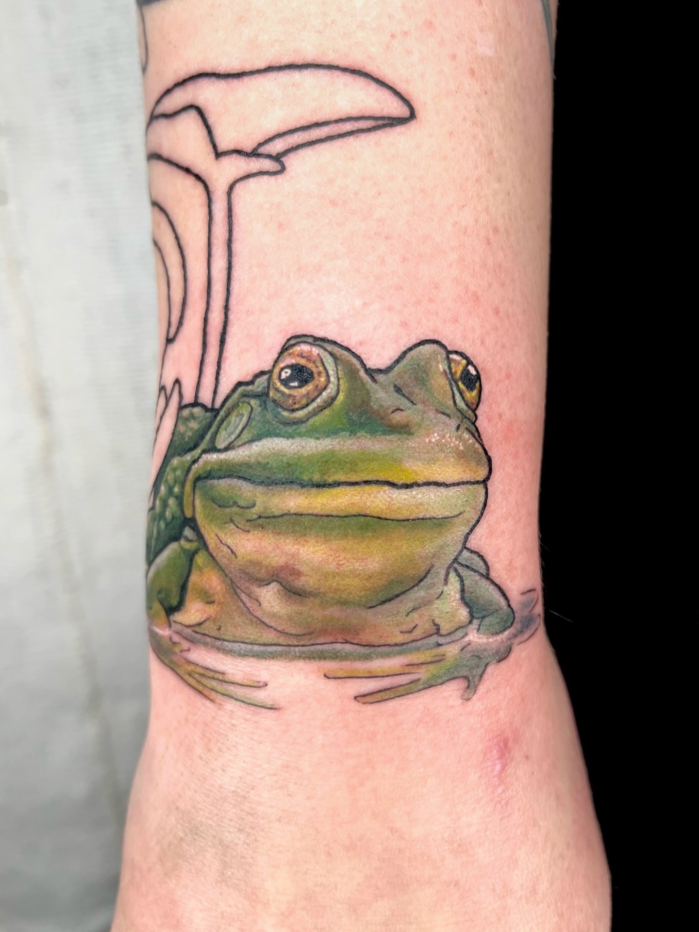 Frog realism tattoo on the forearm by Maris Hare, Philadelphia, Pennsylvania