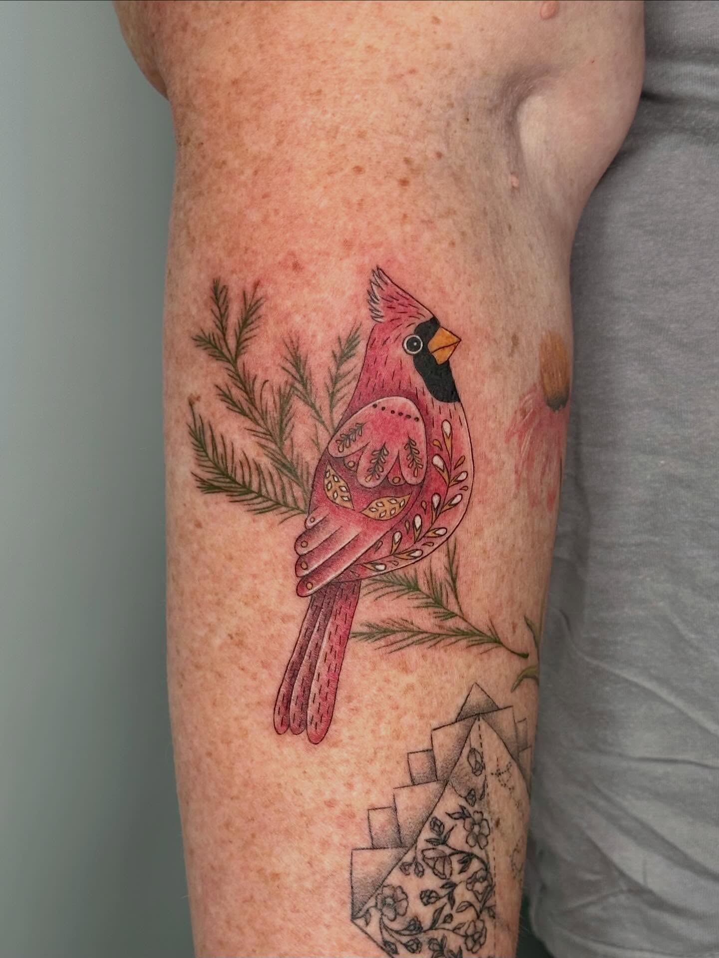 Cardinal bird dotwork tattoo on the forearm by 🌼Kristen Kooster Tattoos🌼
