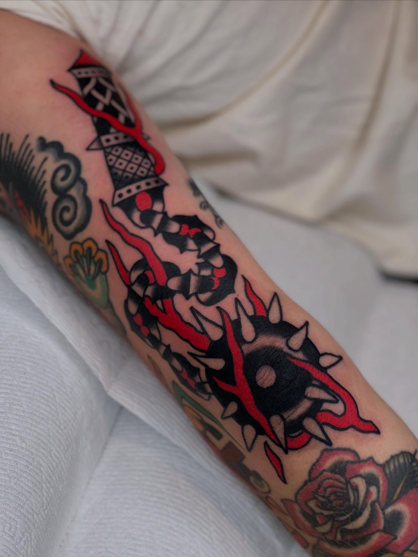 Japanese Irezumi American traditional tattoo on the forearm by Blake Francis, Worcester, Massachusetts