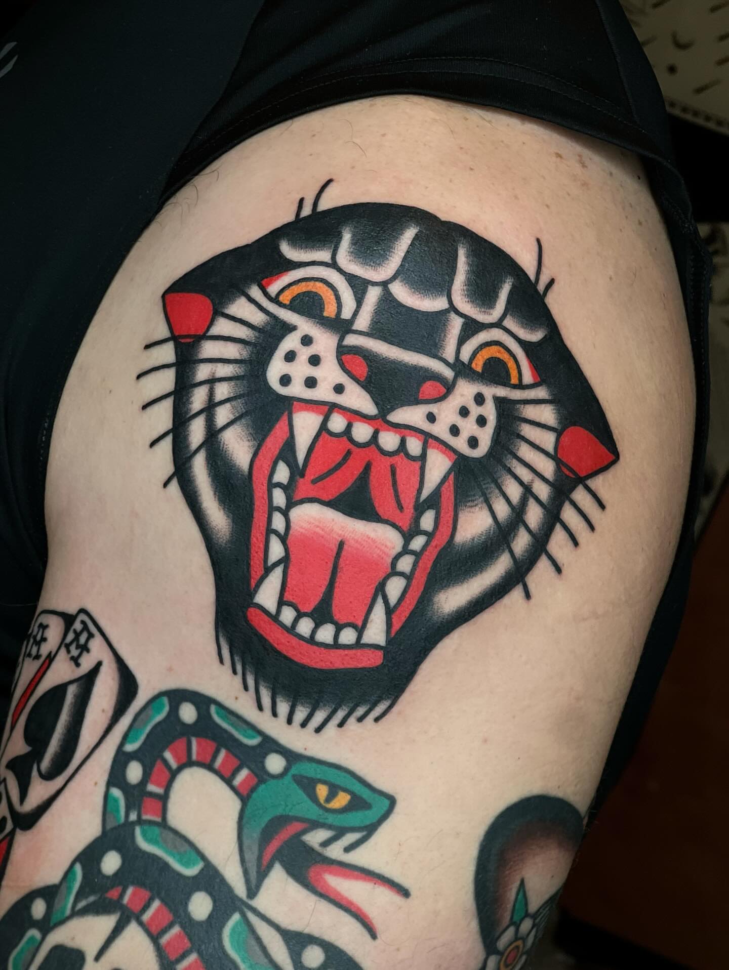 Panther American traditional tattoo on the thigh by Blake Francis, Worcester, Massachusetts