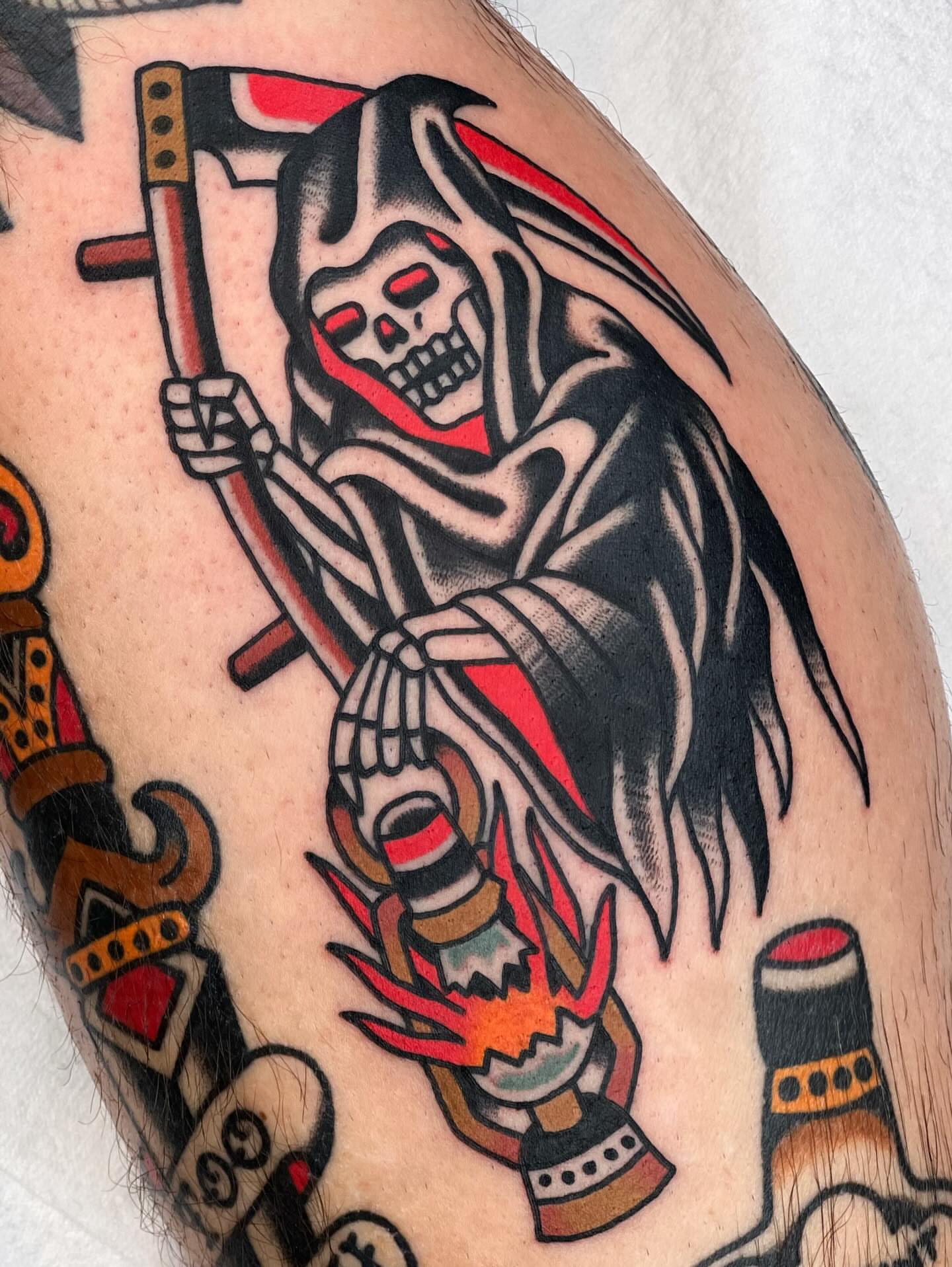 Grim reaper American traditional tattoo on the forearm by Blake Francis, Worcester, Massachusetts