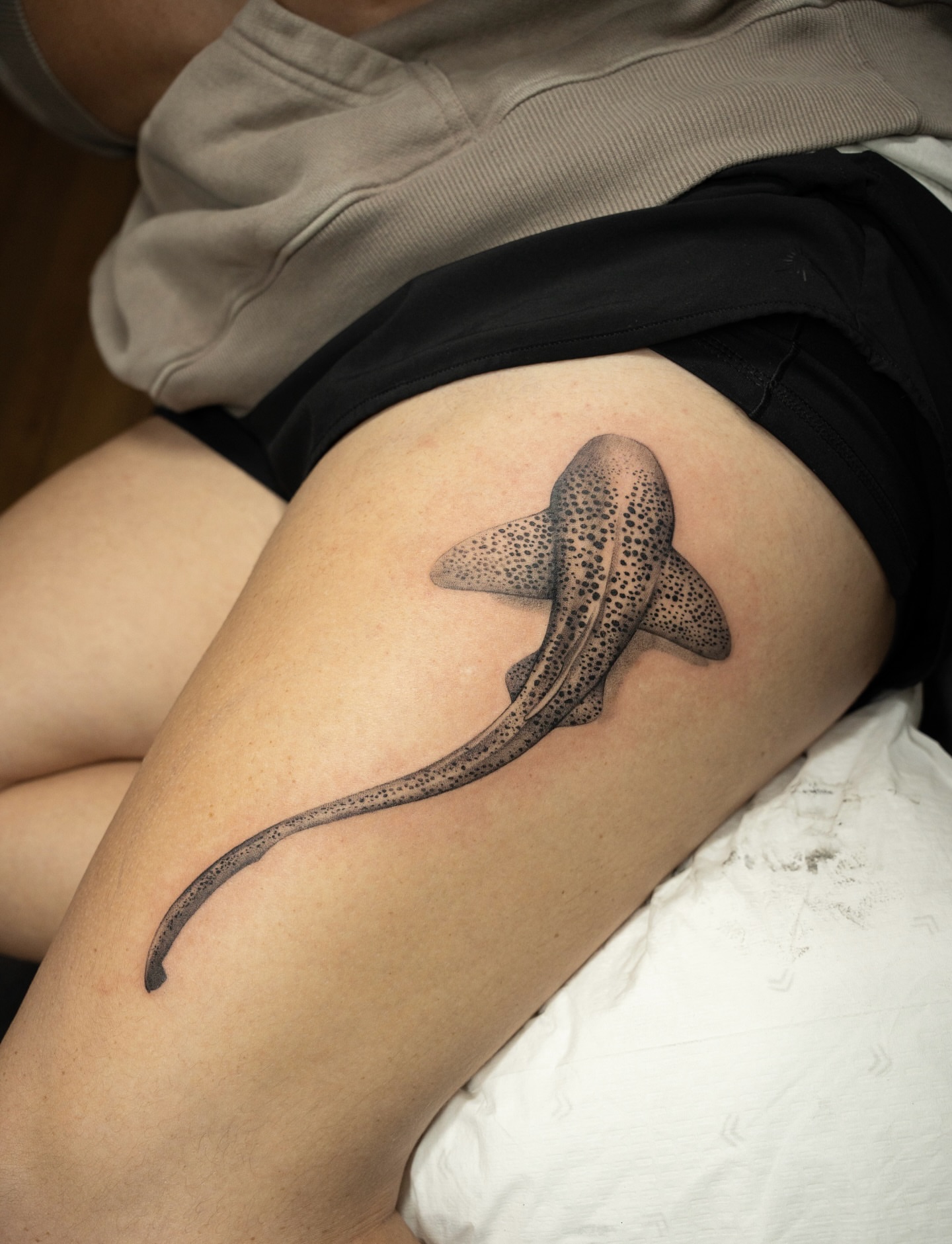 Shark dotwork tattoo on the thigh by Christopher Espino, Hawthorne, California