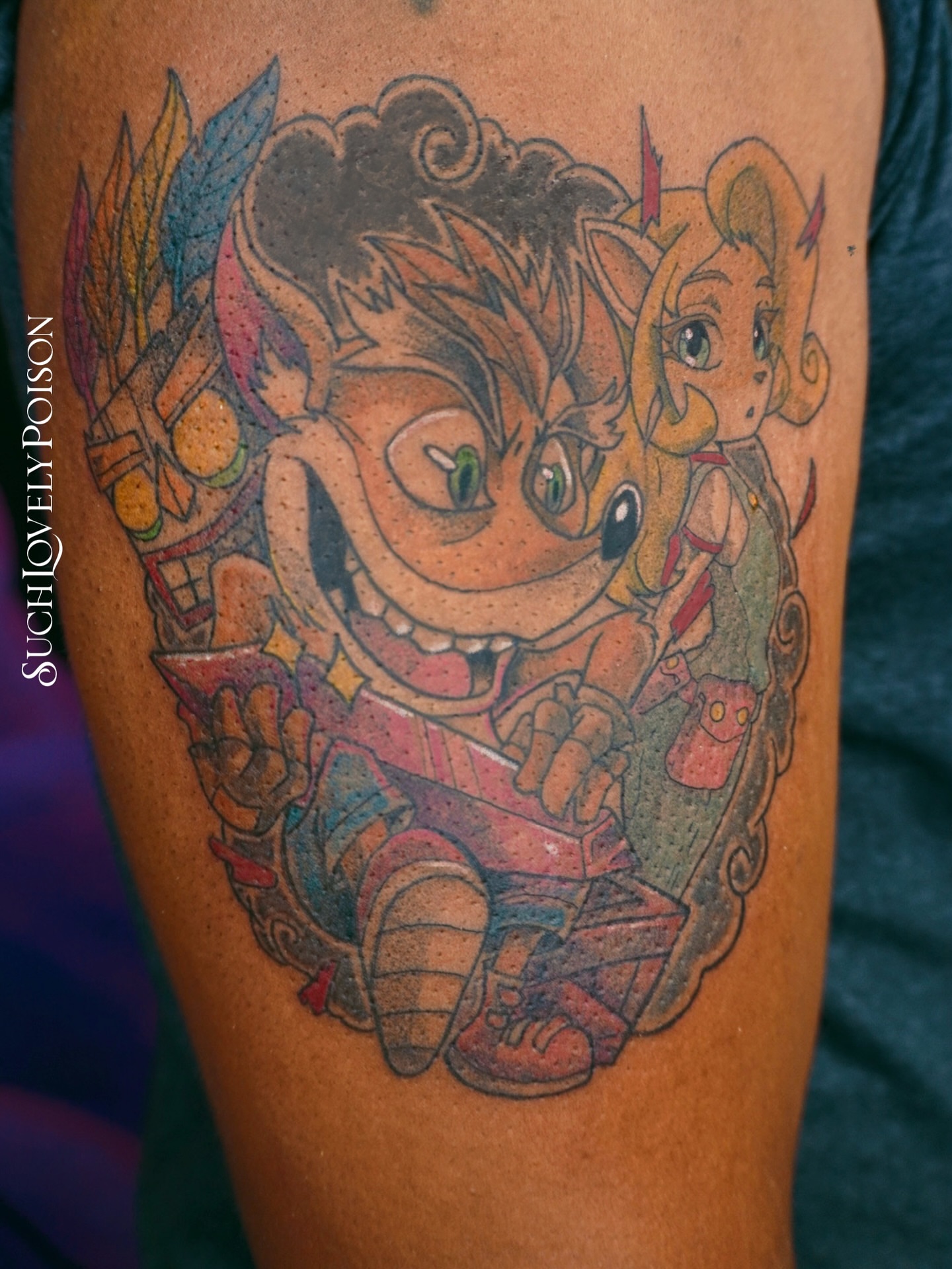 Sonic the hedgehog and amy rose anime tattoo on the thigh by Ericka Hampton, Ferndale, Michigan