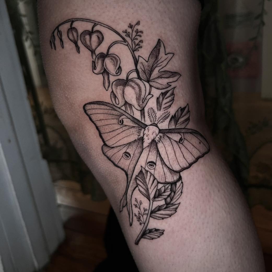 Moth and flowers realism tattoo on the forearm by Mikaela Rush, Greensboro, North Carolina