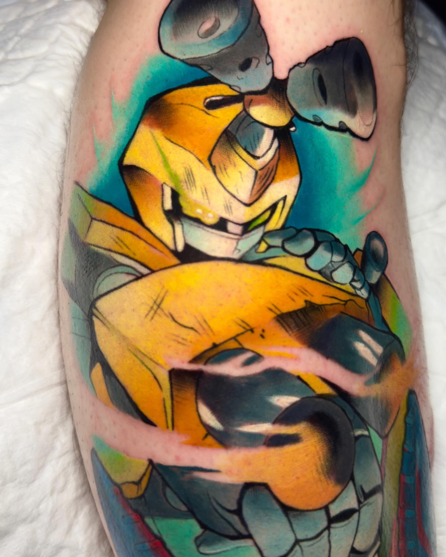 Mecha robot anime tattoo on the thigh by Cristian Romero