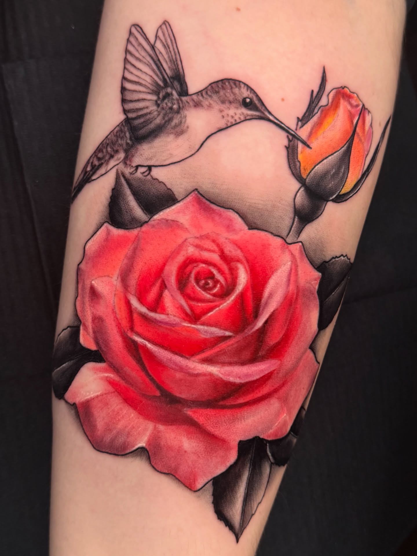 Hummingbird and rose realism tattoo on the forearm by Sideshow Danny