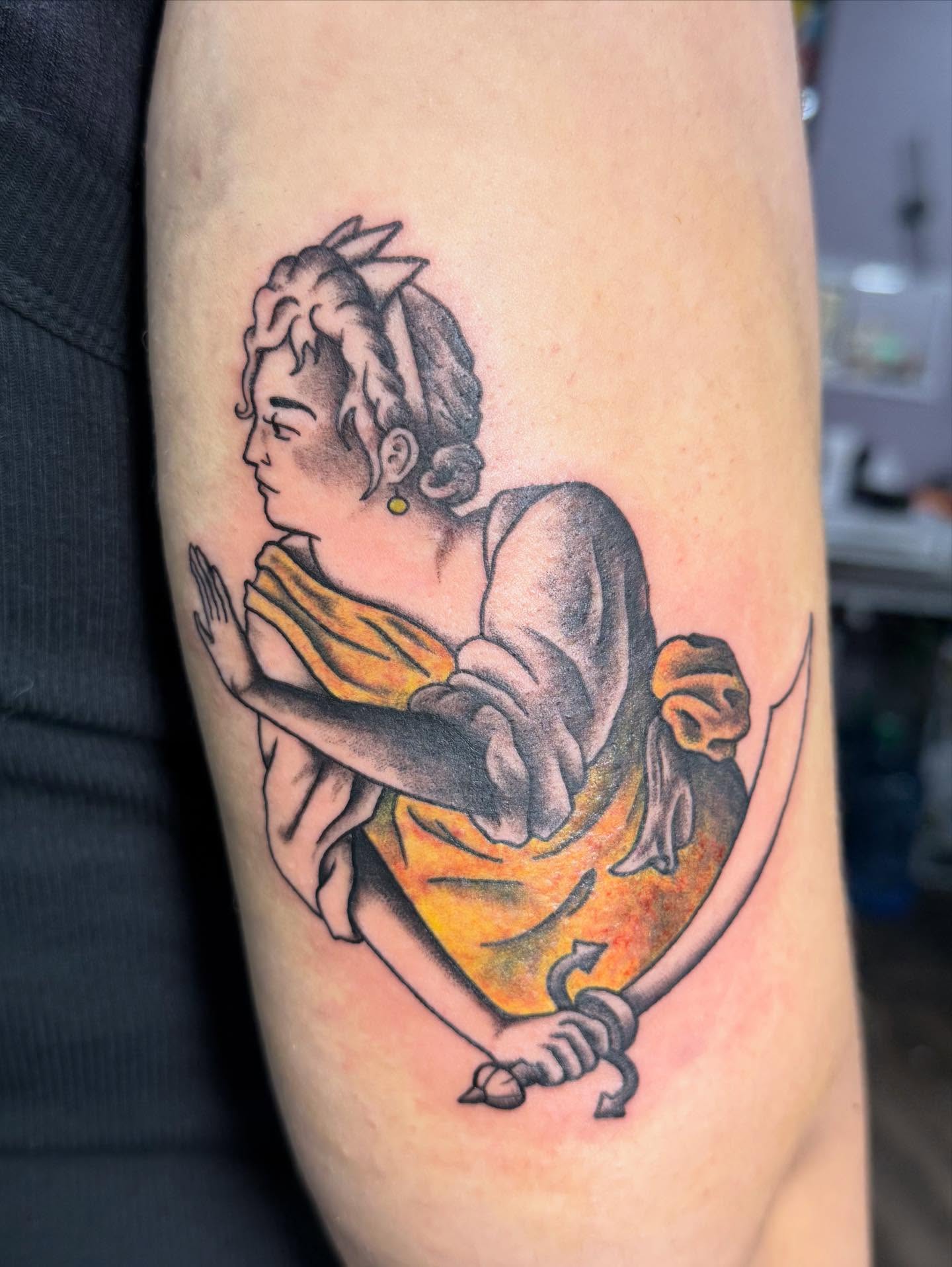 Woman with sword American traditional tattoo on the forearm by Hunter Beyer