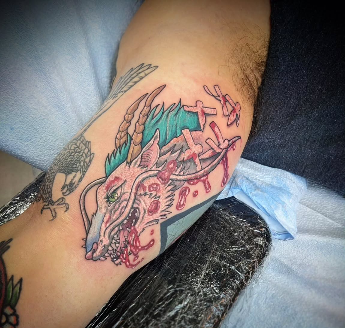 Dragon head dotwork tattoo on the forearm by 𝕸𝖆𝖉𝖎 (𝕸𝖆𝖉 𝕯𝖔𝖌)