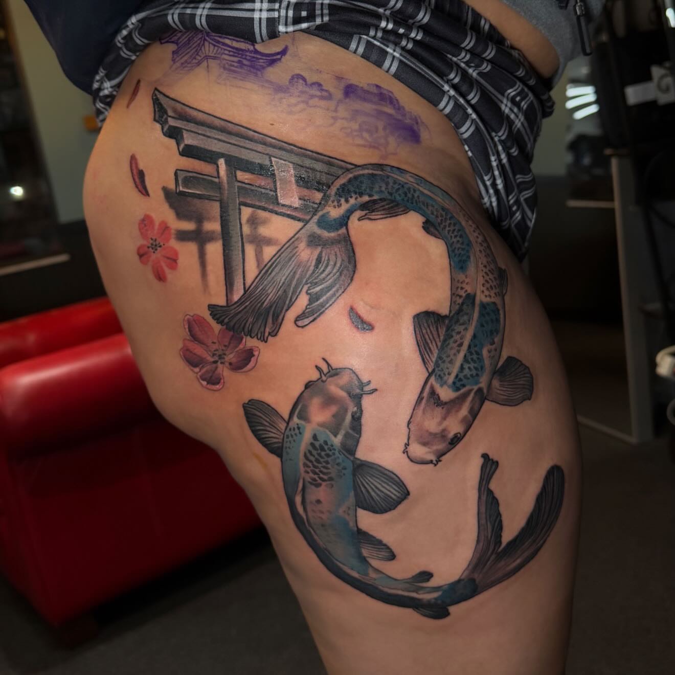 Koi fish and torii gate japanese irezumi tattoo on the thigh by Lu Ve, Dayton, Ohio