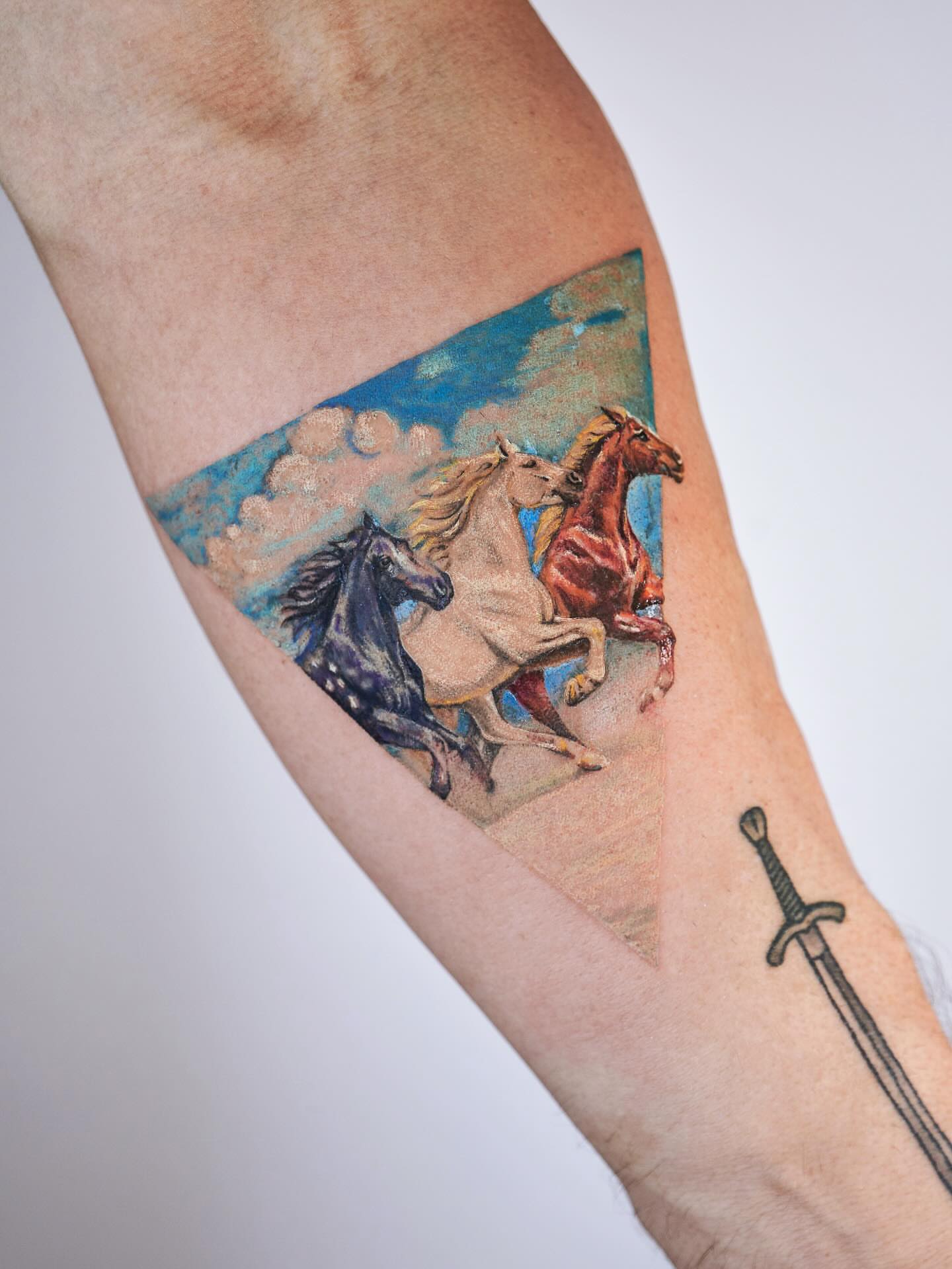 Horses realism tattoo on the forearm by Tattoo artist LA ། Fine line, Micro realism