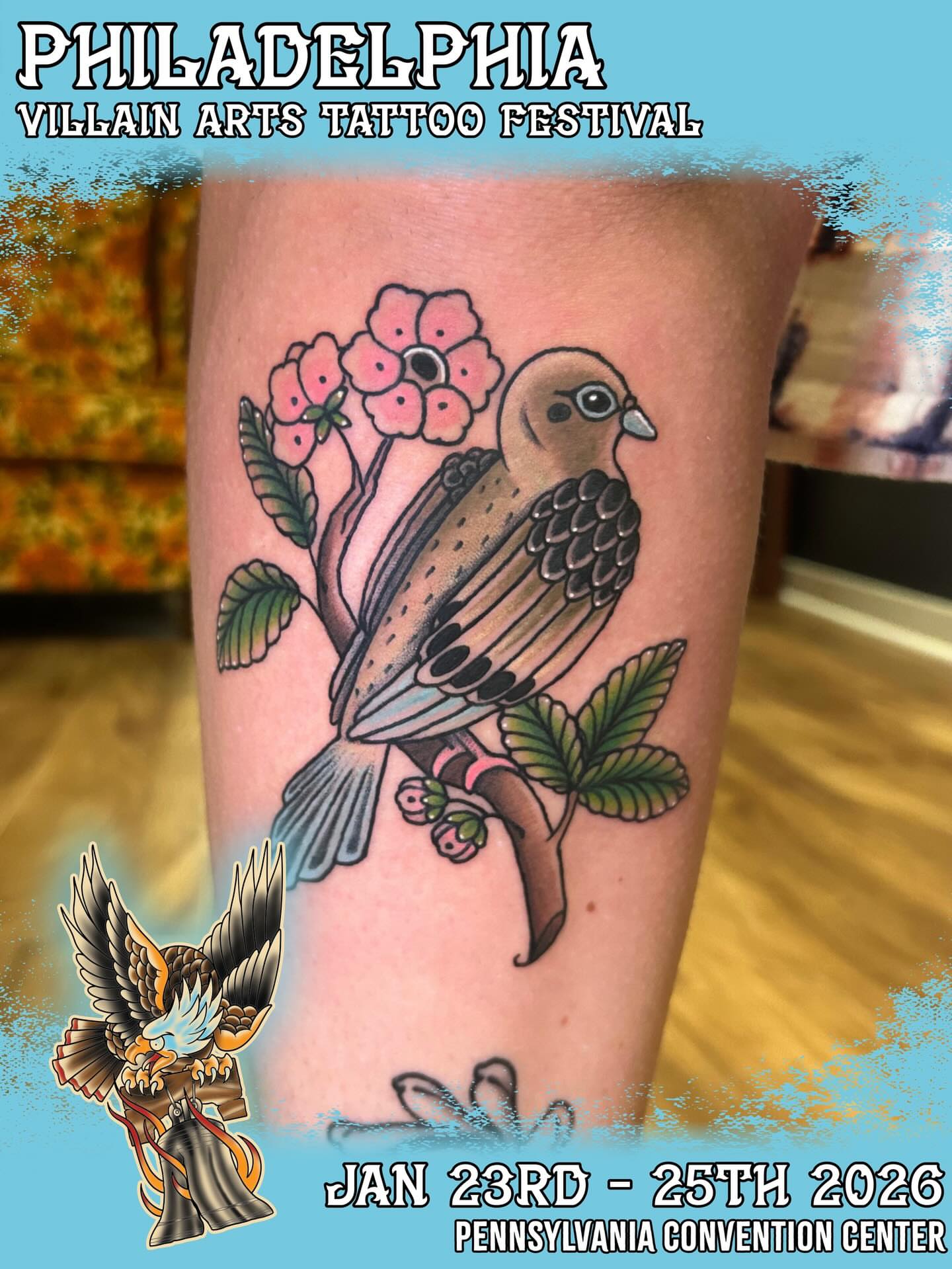 Bird and flowers American traditional tattoo on the forearm by Hannah Jean