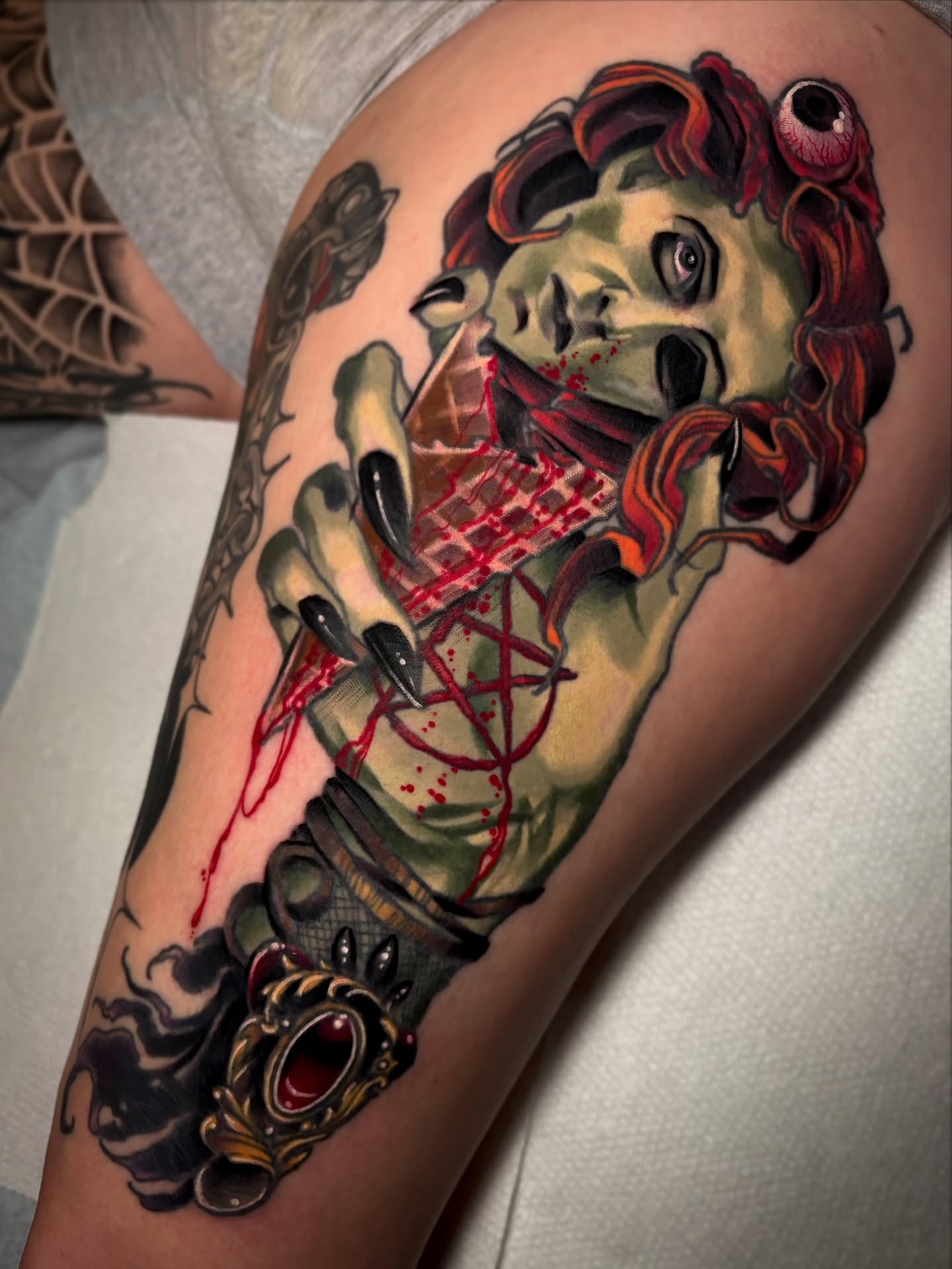 Zombie woman dark realism tattoo on the forearm by π΅πππ πΎπππππππ, Penndel, Pennsylvania
