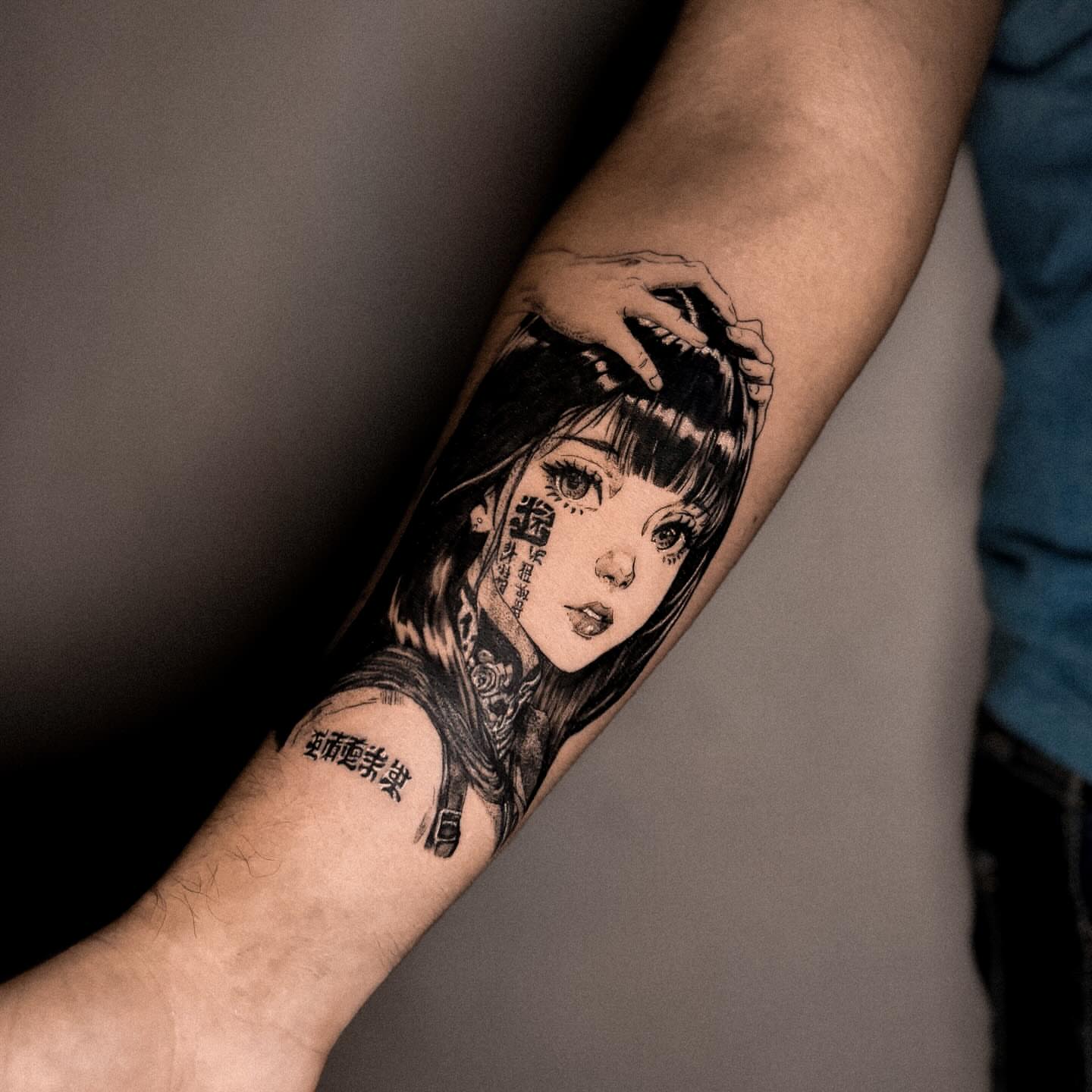 Anime girl anime tattoo on the forearm by 조조