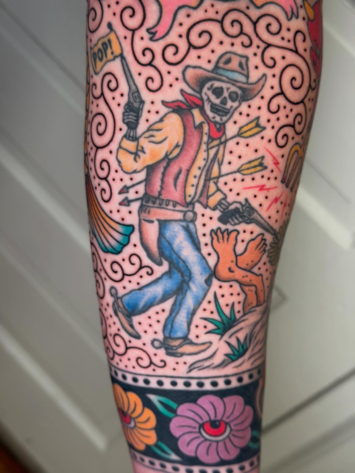 Cowboy skeleton American traditional tattoo on the forearm by Michael Barnhill Tattooer, Charlotte, North Carolina