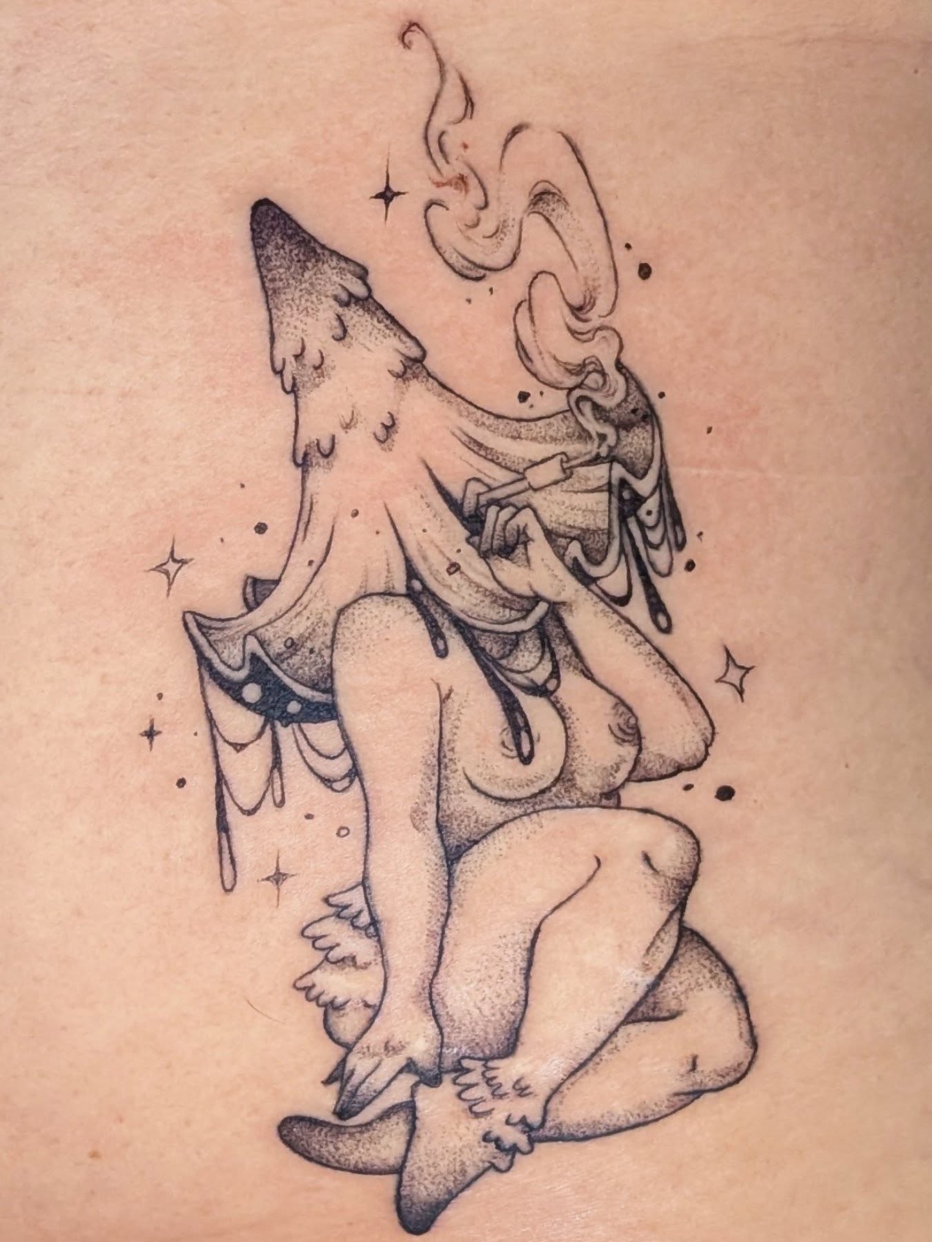 Nude woman with tree dotwork tattoo on the thigh by Shannon