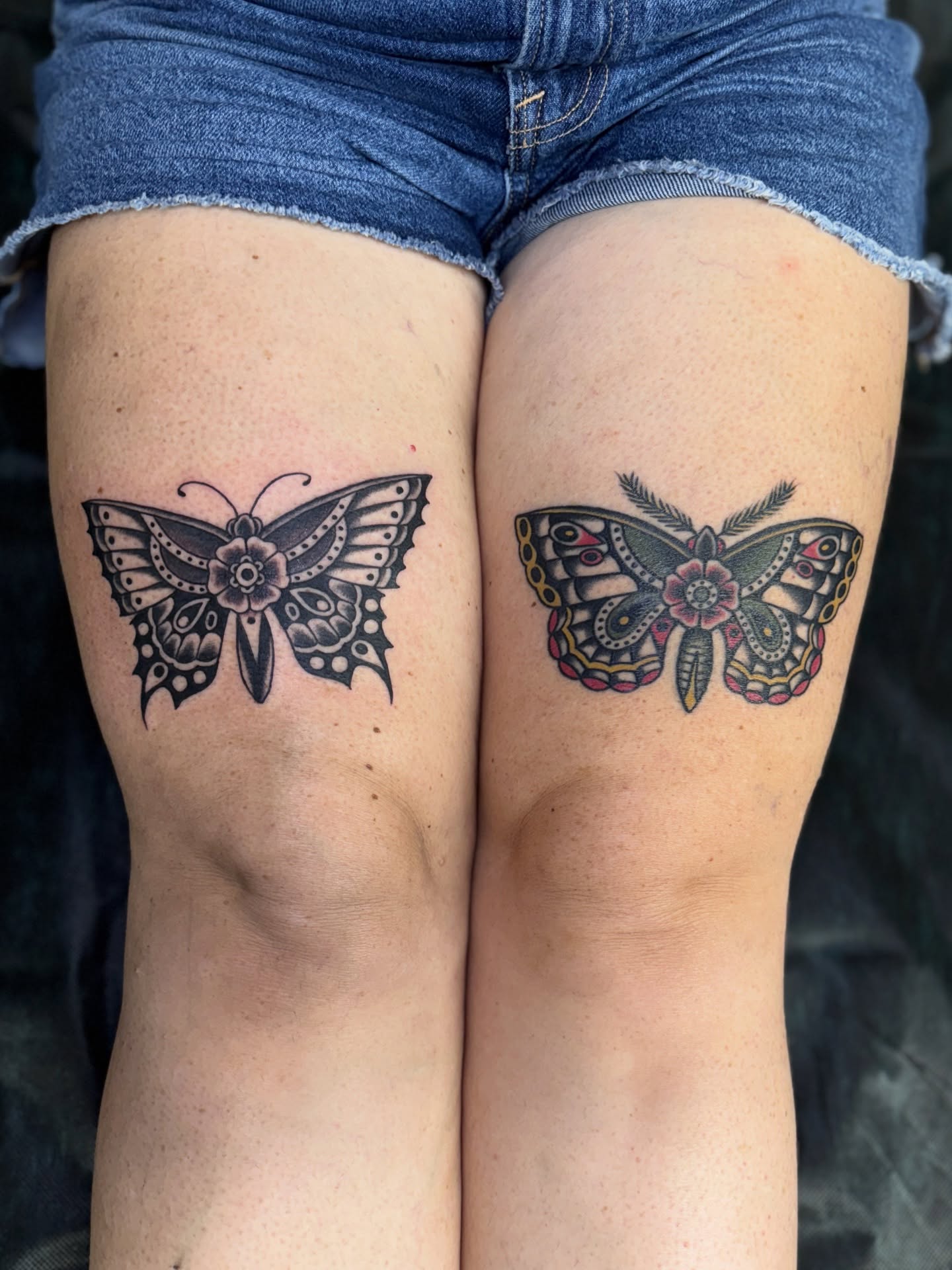 Butterfly ornamental tattoo on the thigh by Sarah Pham