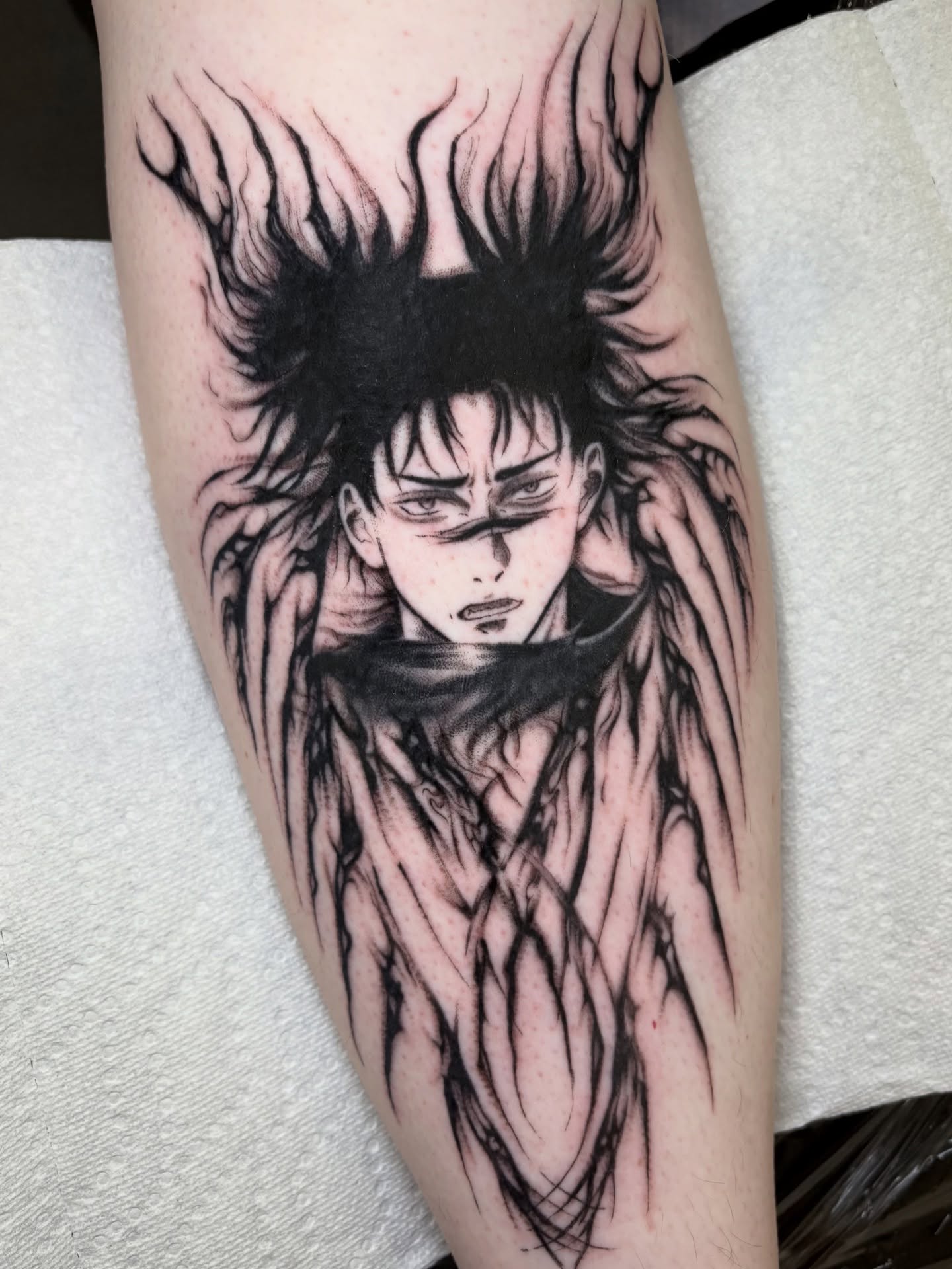Anime character anime tattoo on the forearm by Flor, Dallas, Texas