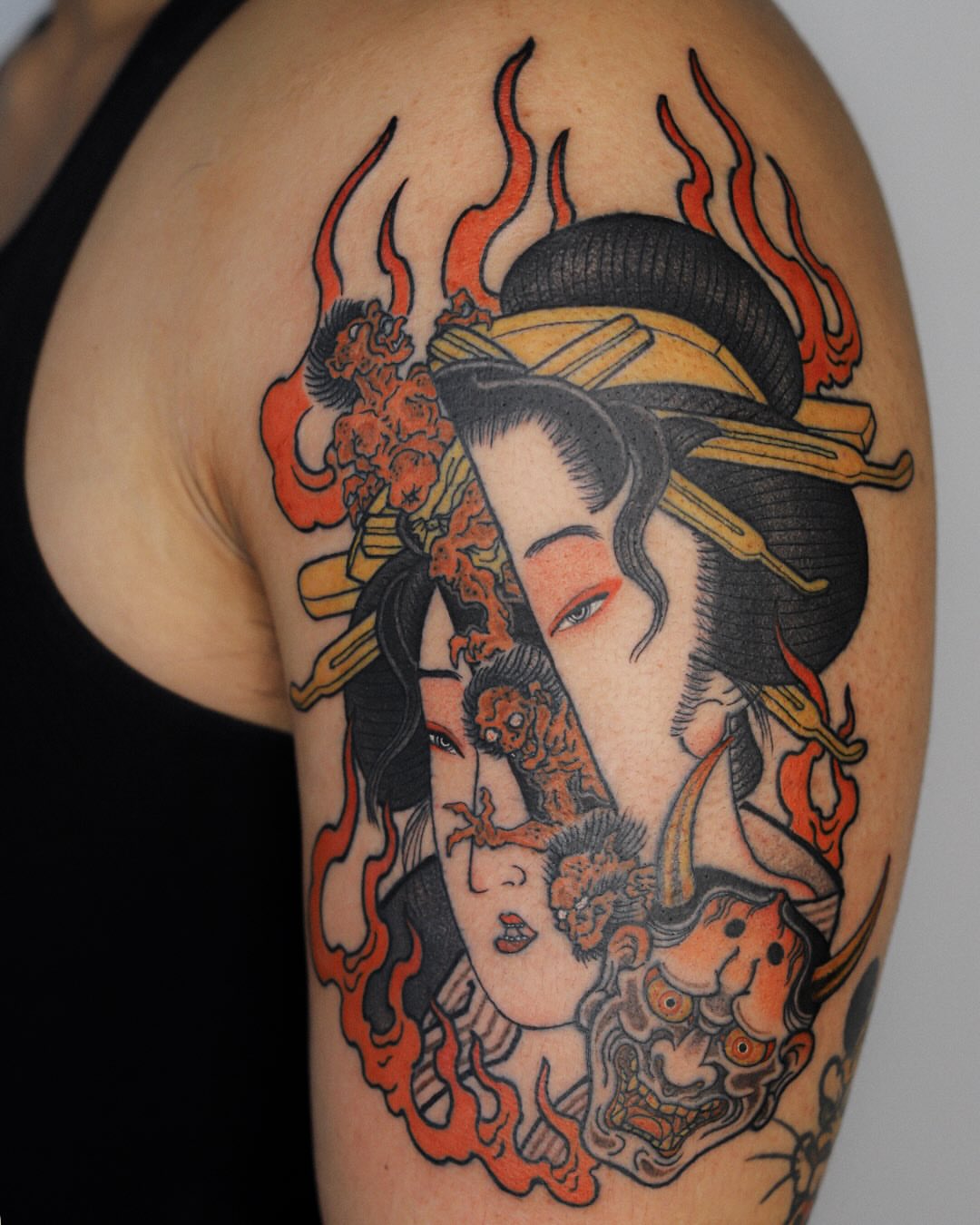 Geisha japanese irezumi tattoo on the shoulder by 홍대타투
