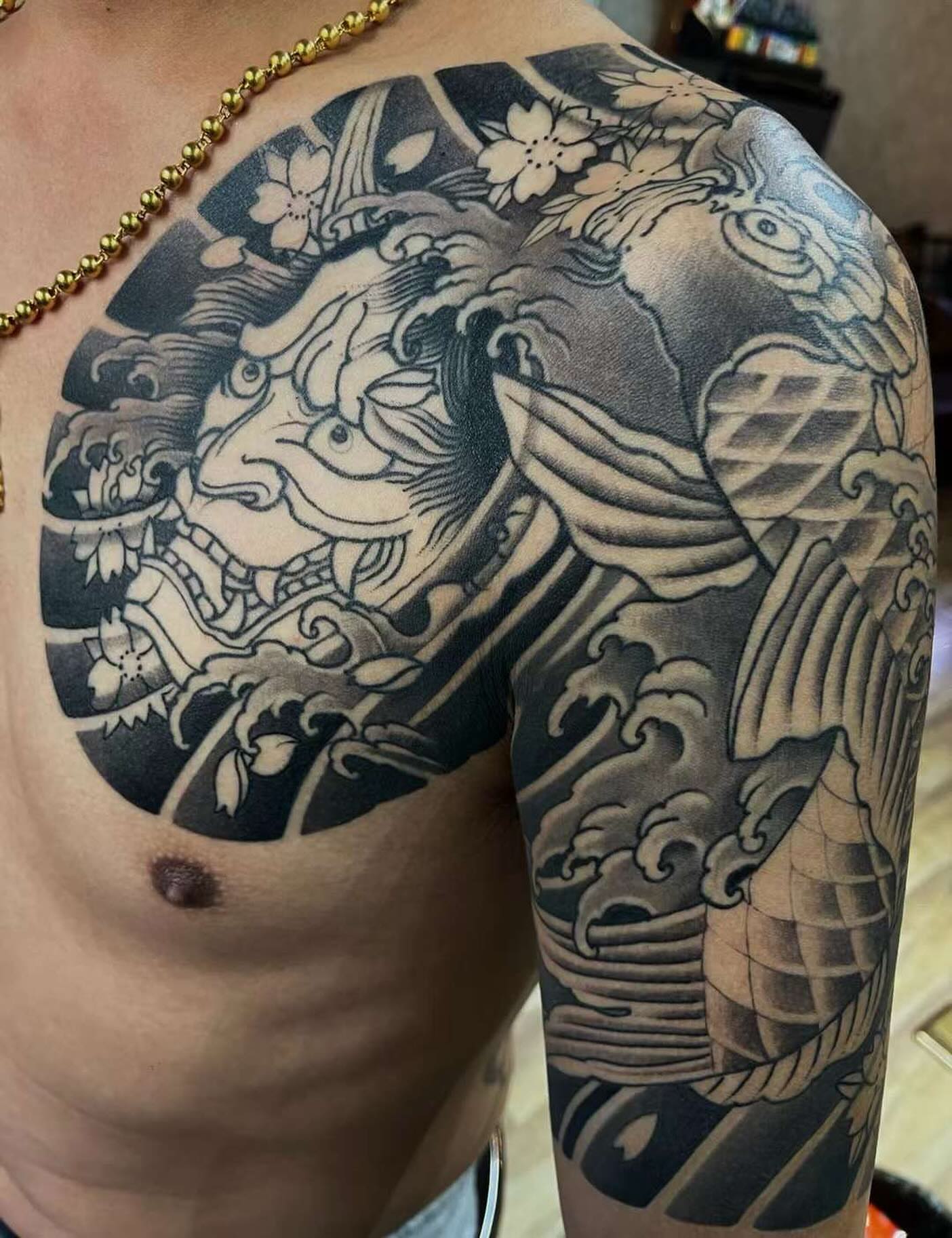 Oni mask japanese irezumi tattoo on the shoulder by Shawn Feng