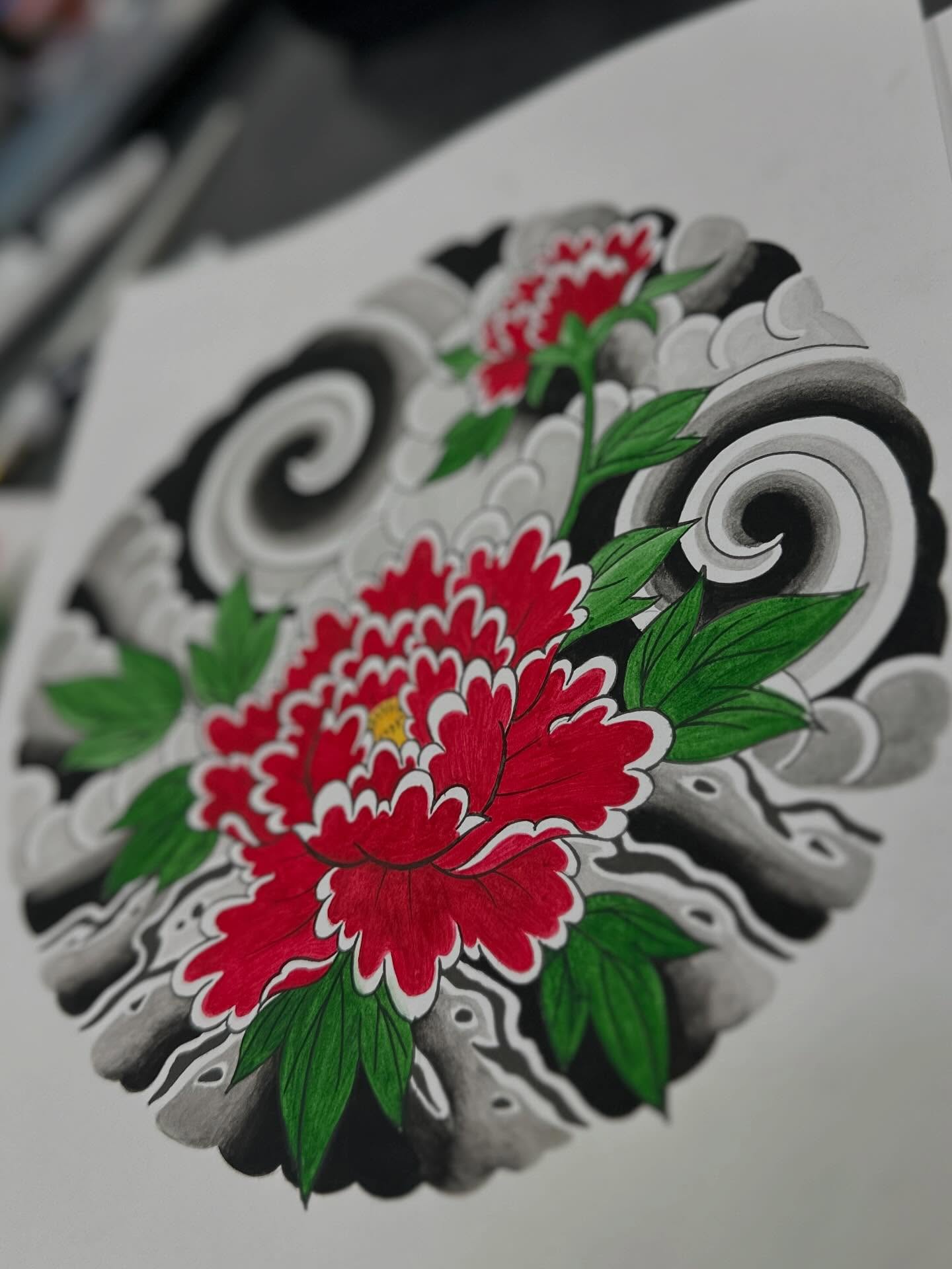 Peony flowers American traditional tattoo by Shawn Feng