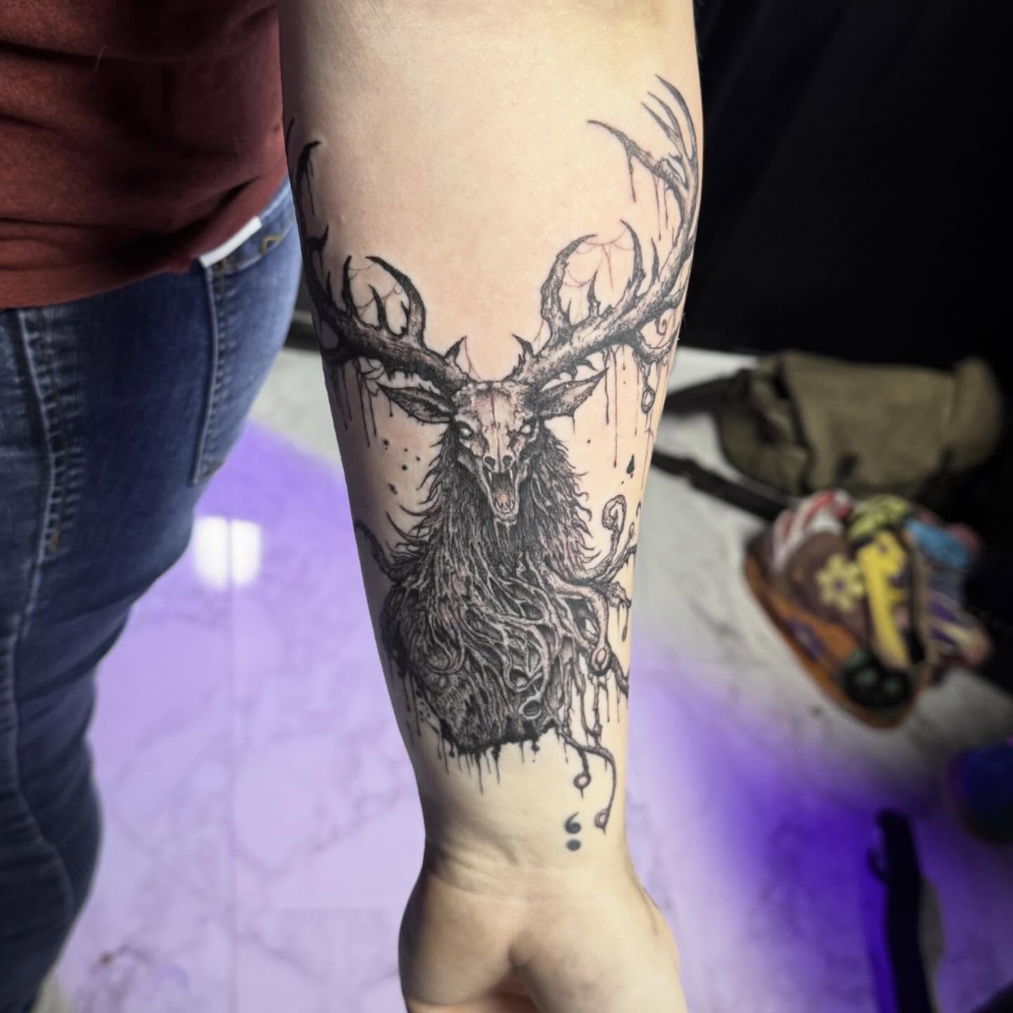 Stag dotwork tattoo on the forearm by AaronAdlerTattoos.com, Cincinnati