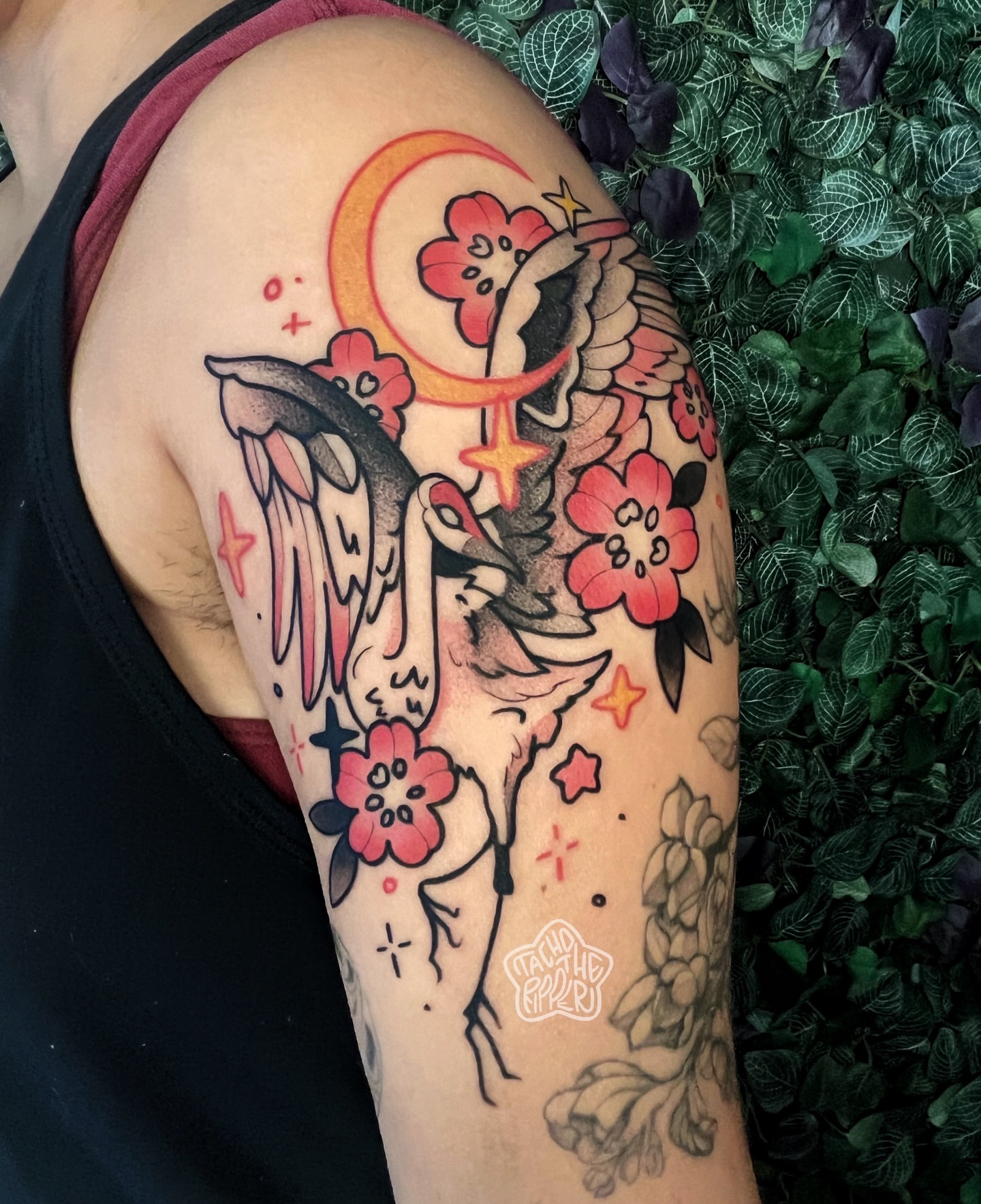 Swan and cherry blossoms American traditional tattoo on the shoulder by tacho ☻ 張玉玲