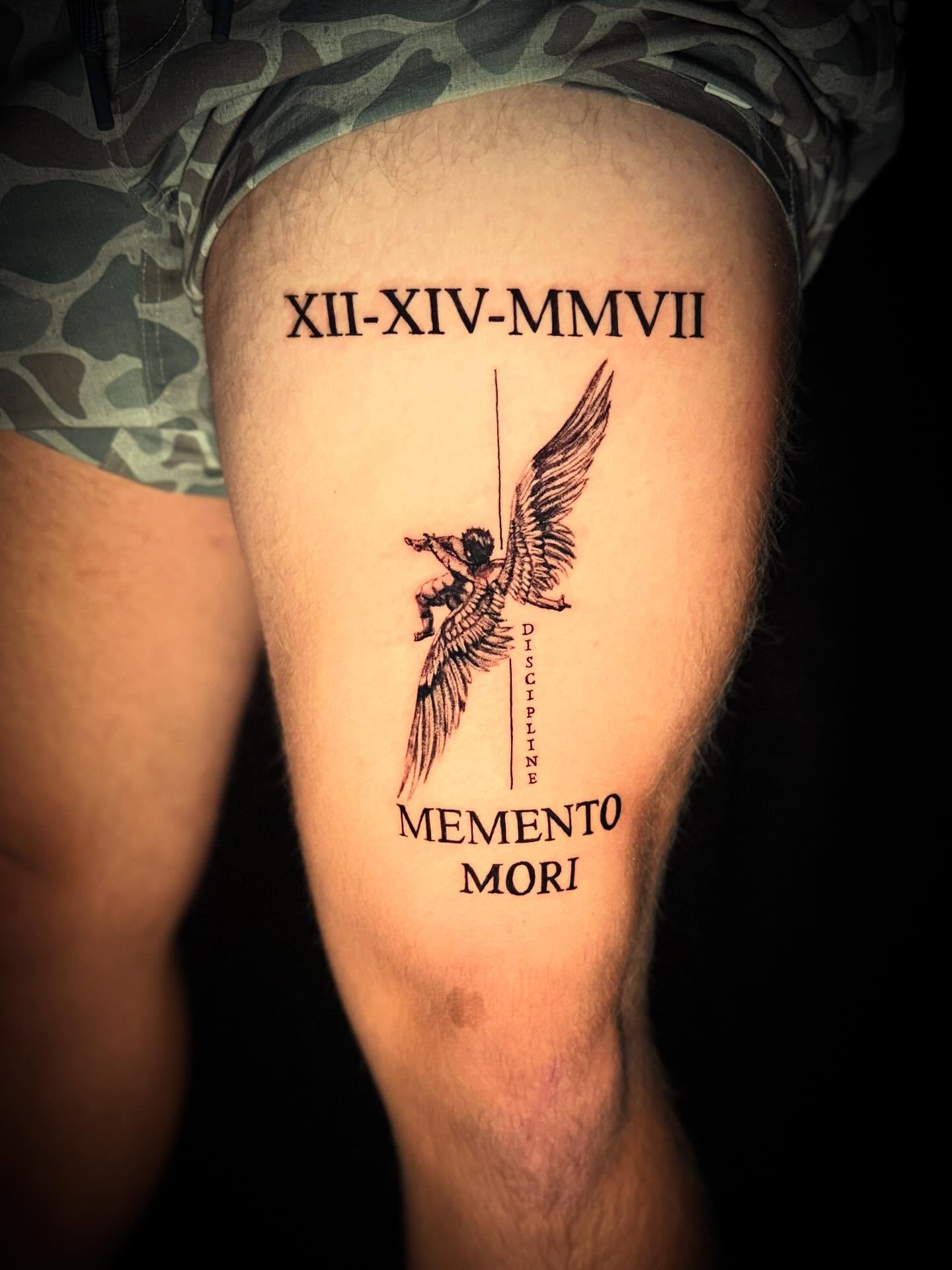 Angel with sword neo-traditional tattoo on the thigh by Nicholas A. Estes-Davis