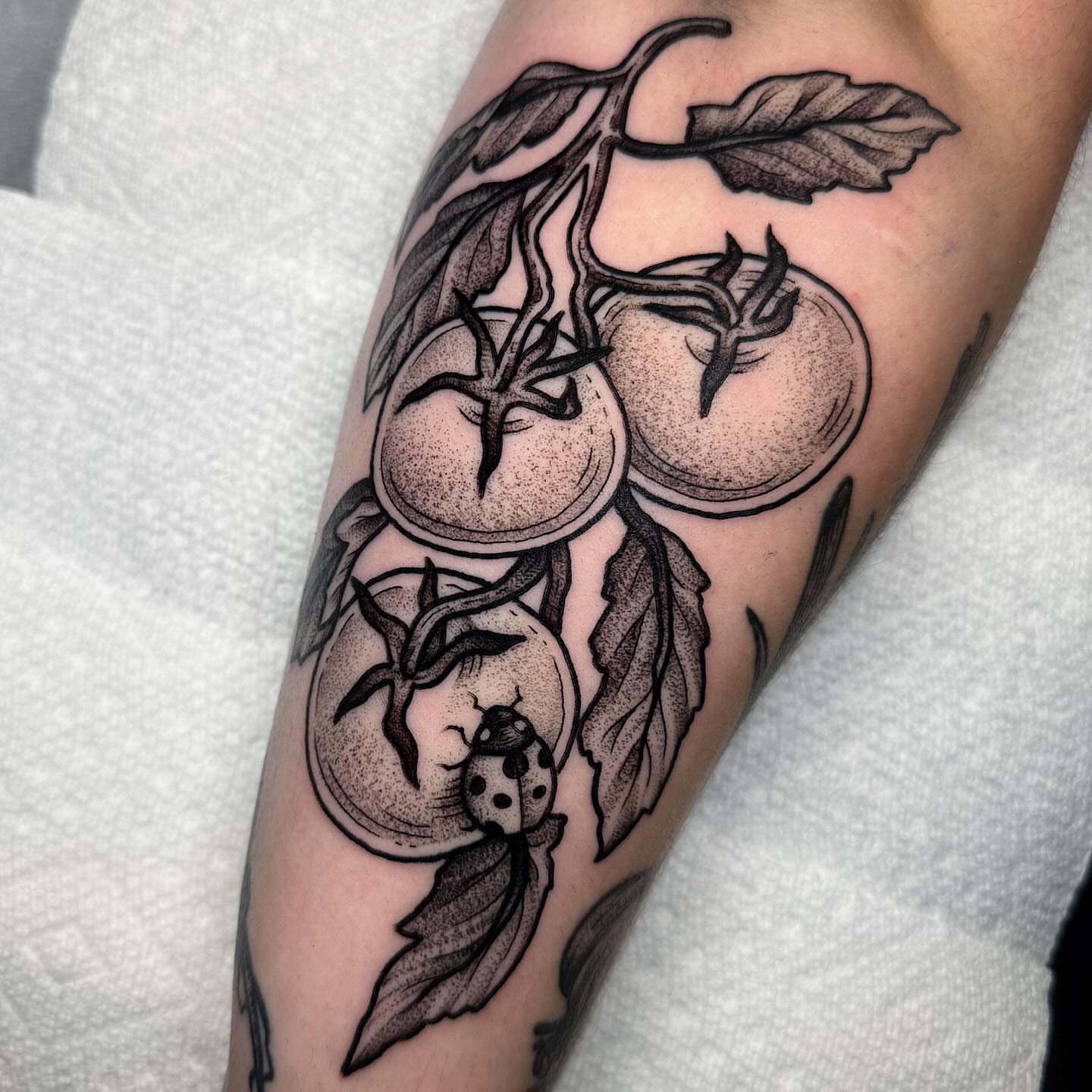 Tomatoes and leaves dotwork tattoo on the forearm by Dani Johnson