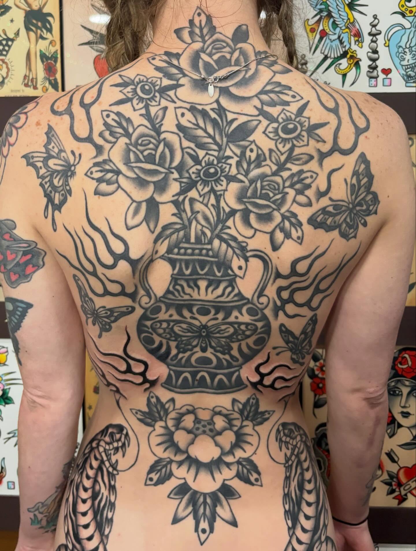 Floral arrangement American traditional tattoo on the back by sally ★ lee