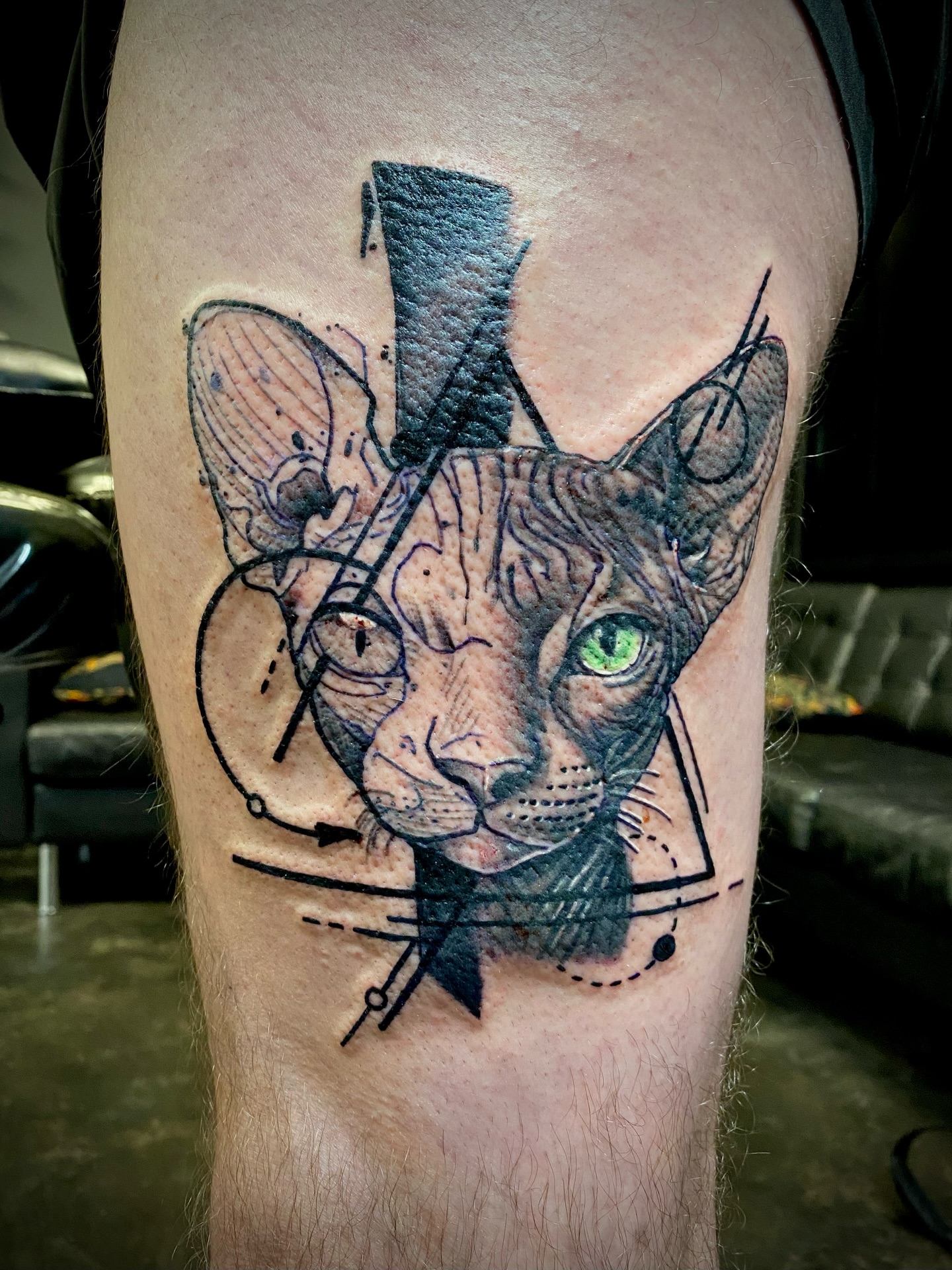 Cat realism tattoo on the thigh by Josh St.germain