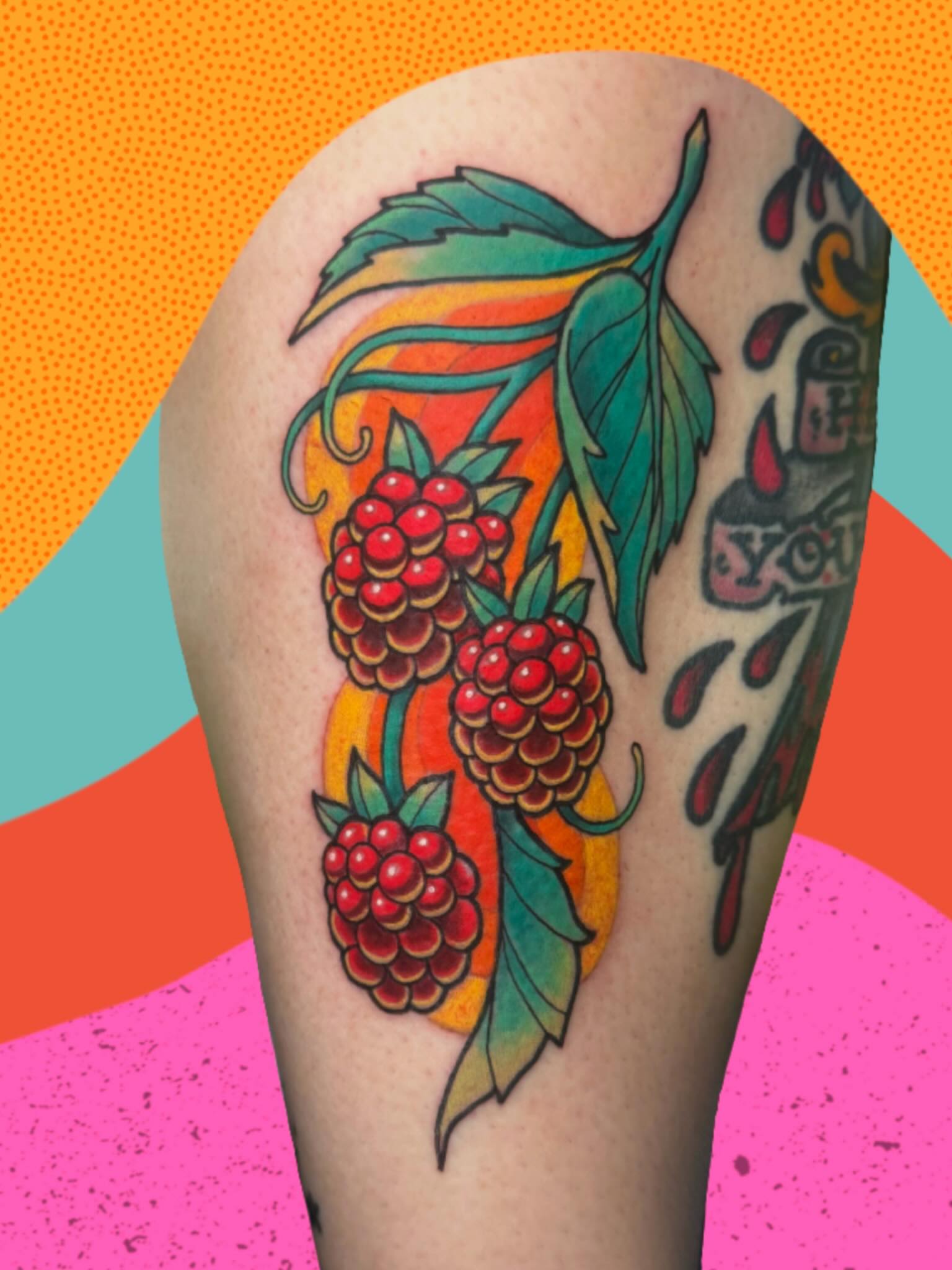 Raspberries American traditional tattoo on the forearm by π. ππππ, San Francisco, California