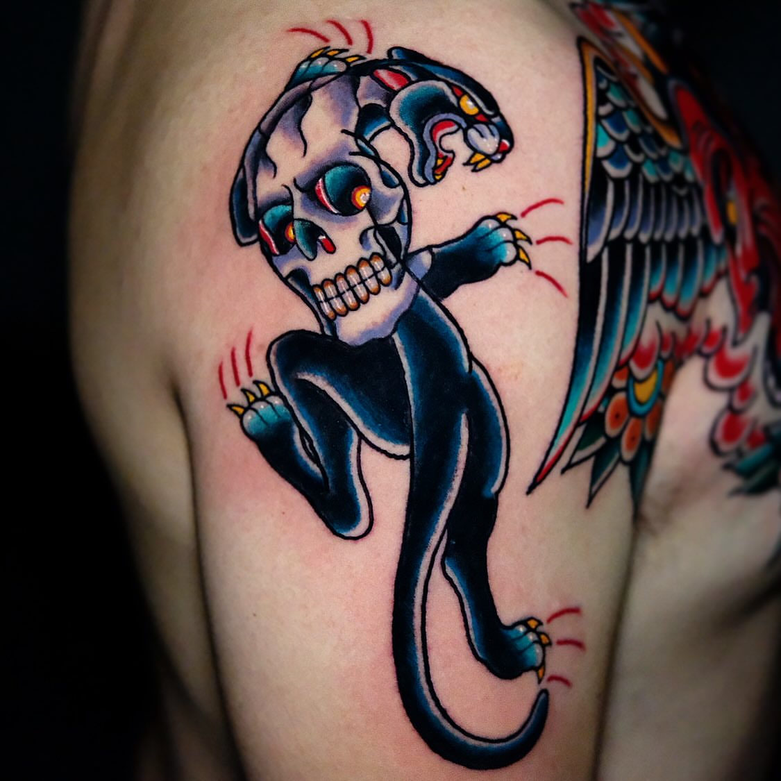 Skull and panther American traditional tattoo on the shoulder by Don Boos Tattoos