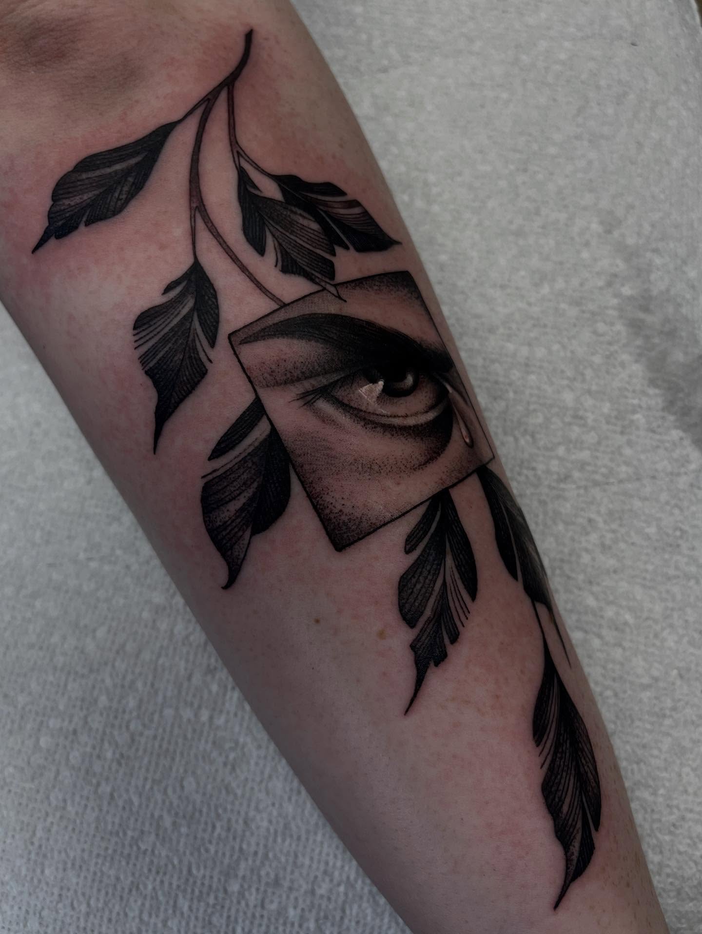 Eye and leaves realism tattoo on the forearm by Sacramento Tattoos (Ilona)