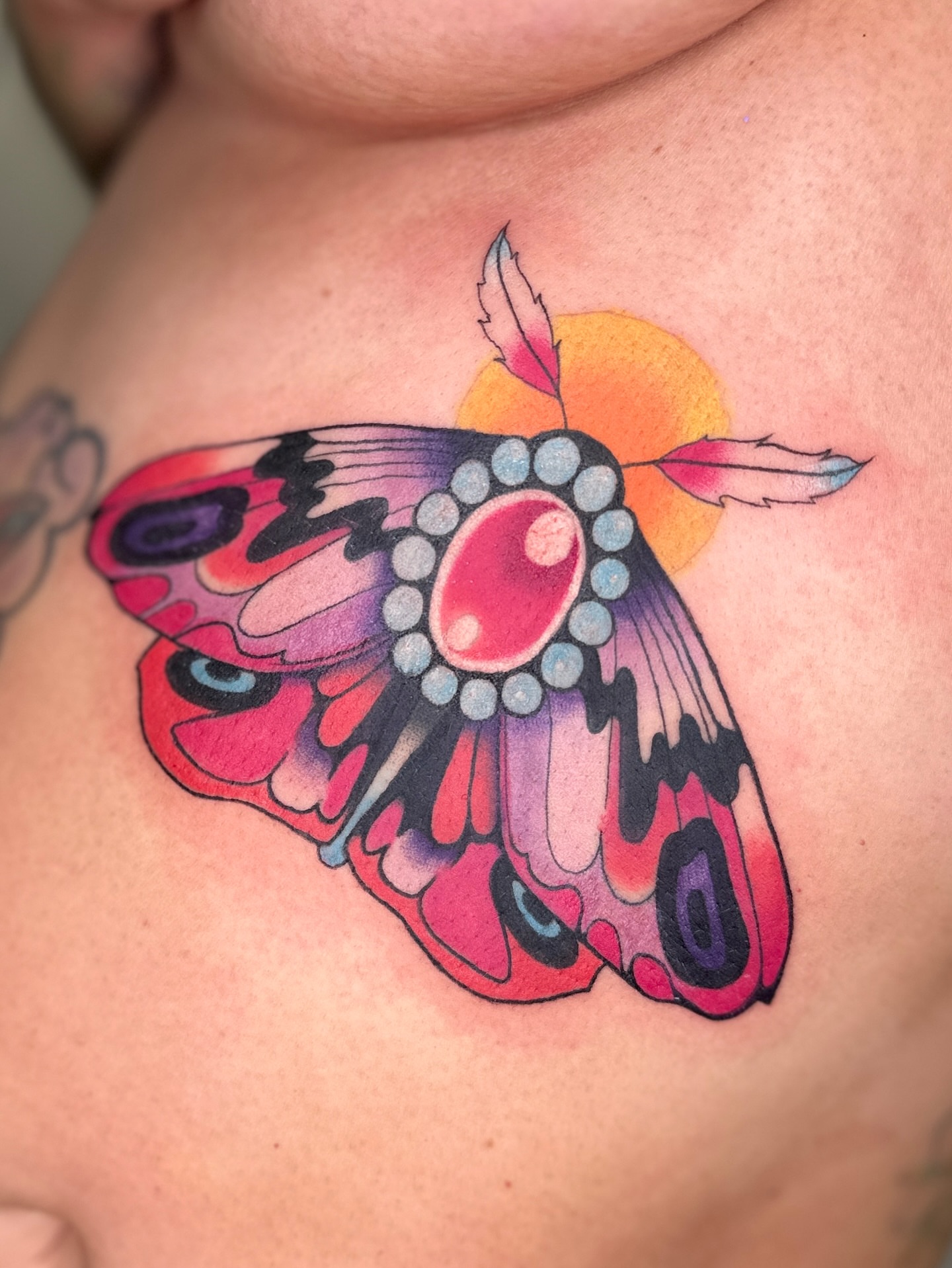 Moth new school tattoo on the shoulder by Sophie ✨ Nashville Tattoo Artist ✨