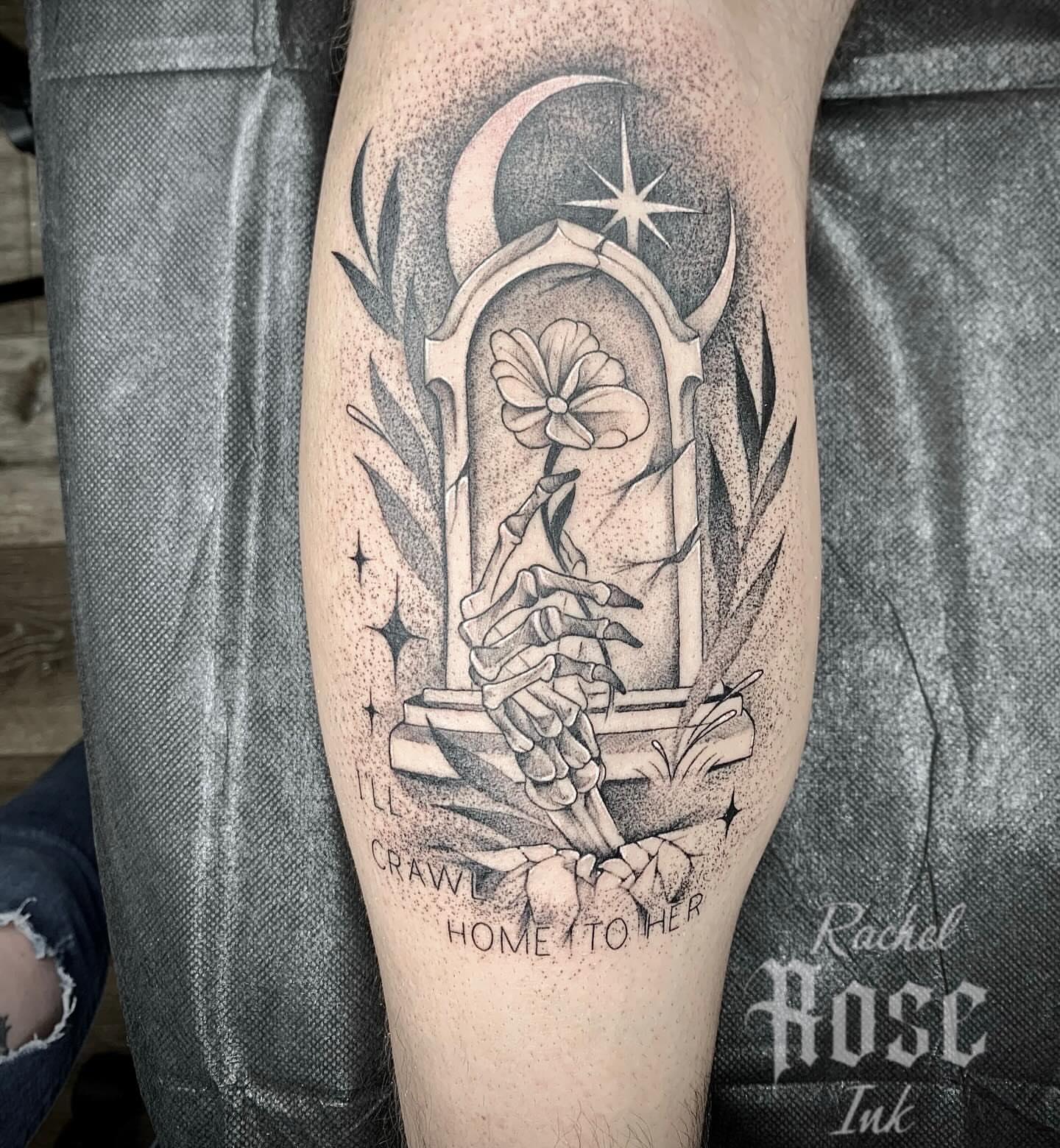 Graveyard scene dotwork tattoo on the forearm by 𝑅𝒶𝒸𝒽𝑒𝓁 𝑅𝑜𝓈𝑒 🌹