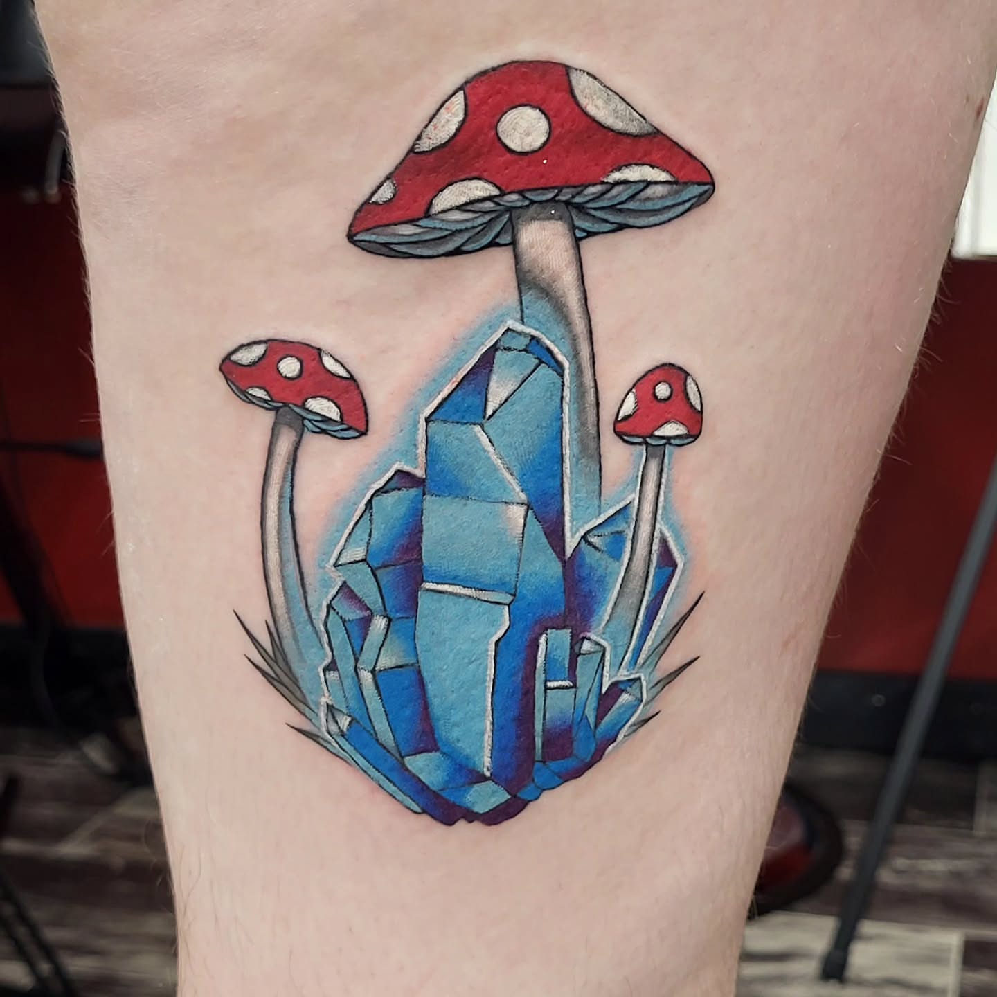 Mushrooms and crystal geometric tattoo on the thigh by TEA ☕️ Tattoos