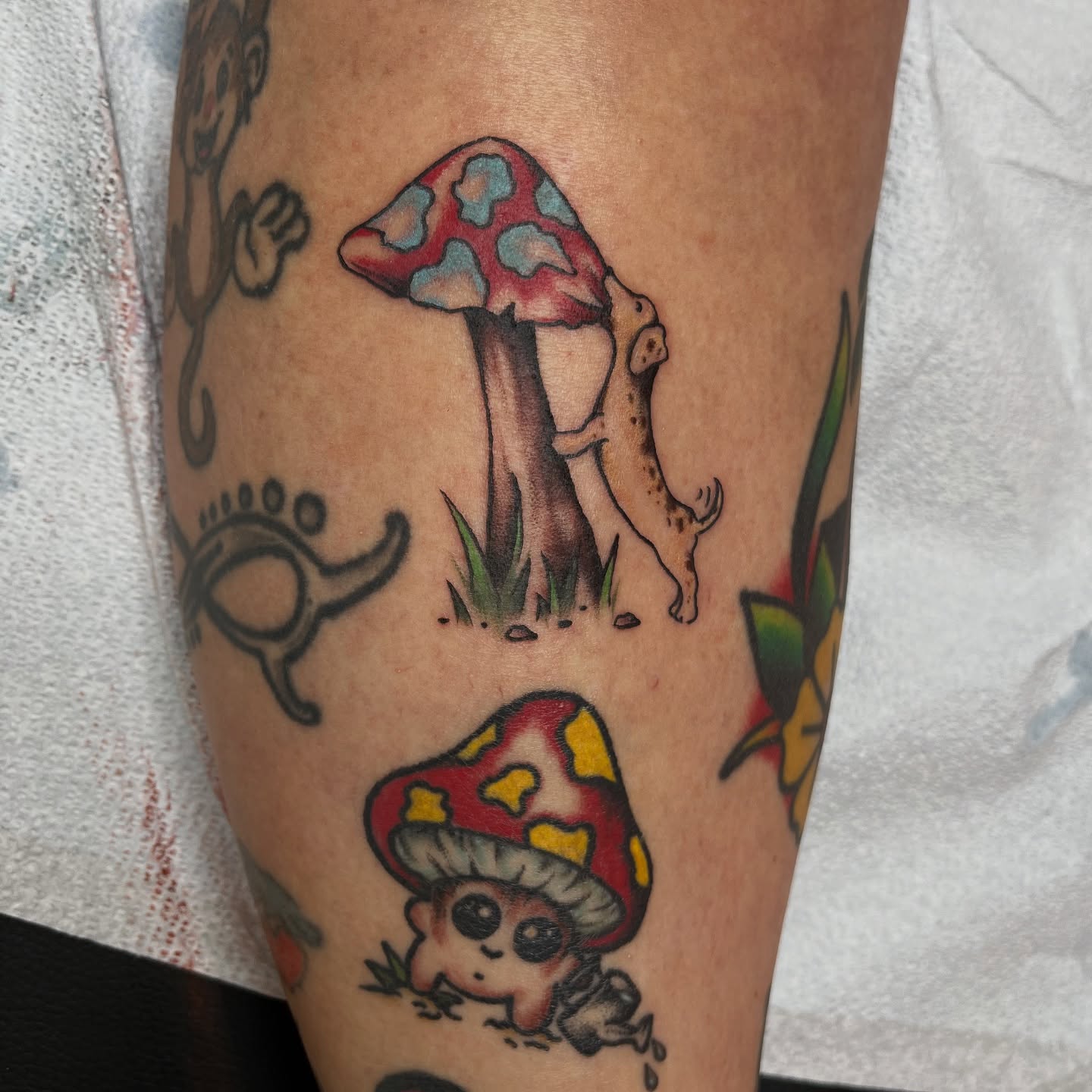Mushroom and dog American traditional tattoo on the forearm by ✨ Chris ✨