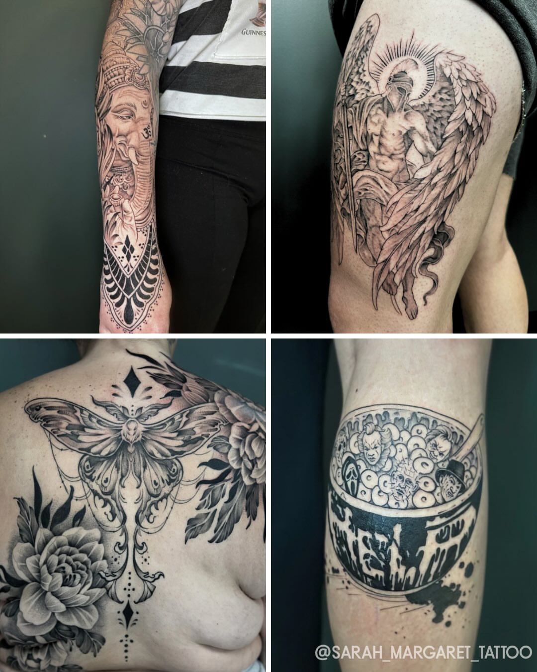 Elephant and elephant-headed deity American traditional tattoo on the upper arm by Sarah Margaret