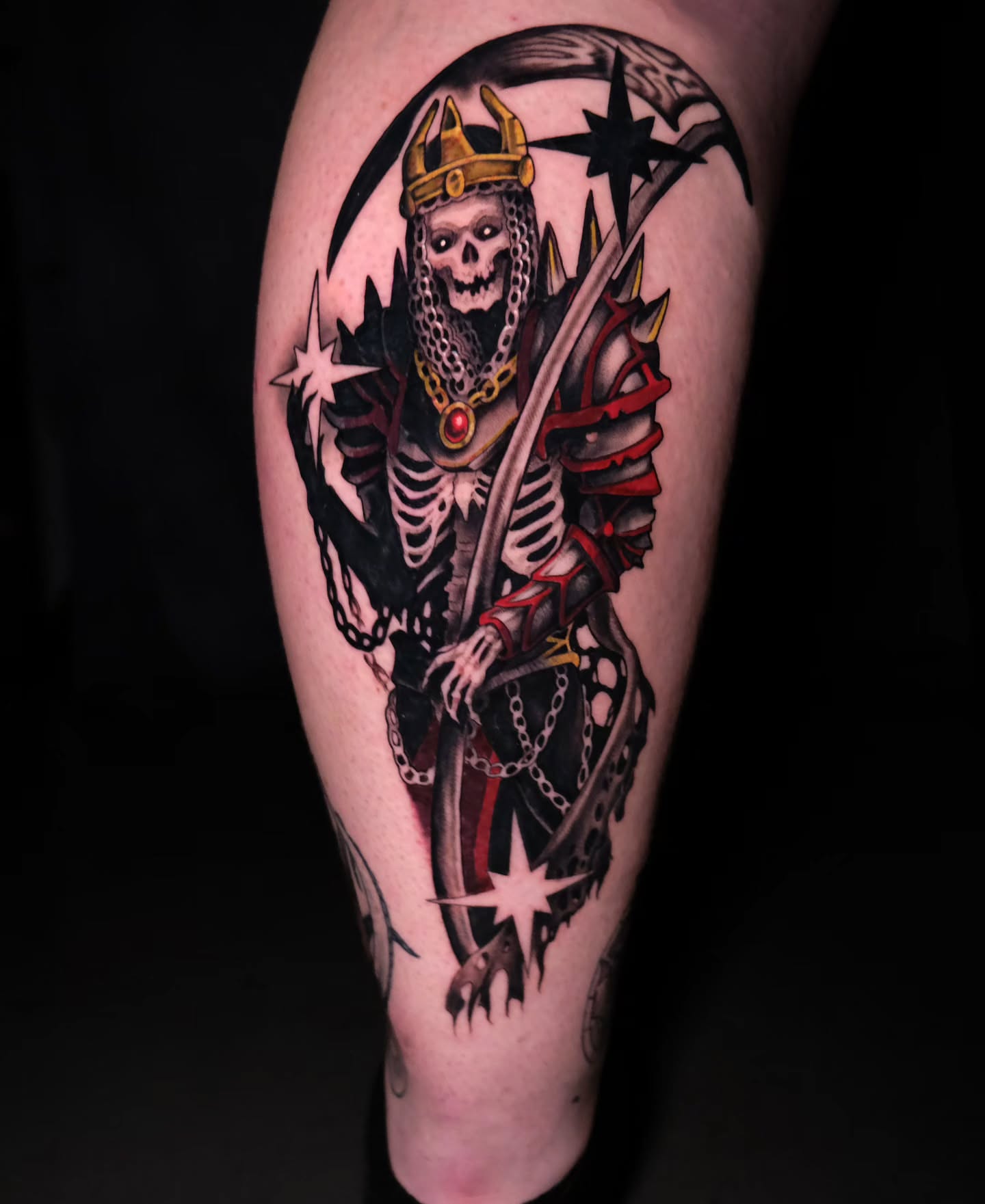 Skeleton warrior dark realism tattoo on the thigh by Tash  - Seattle Tattoo Artist
