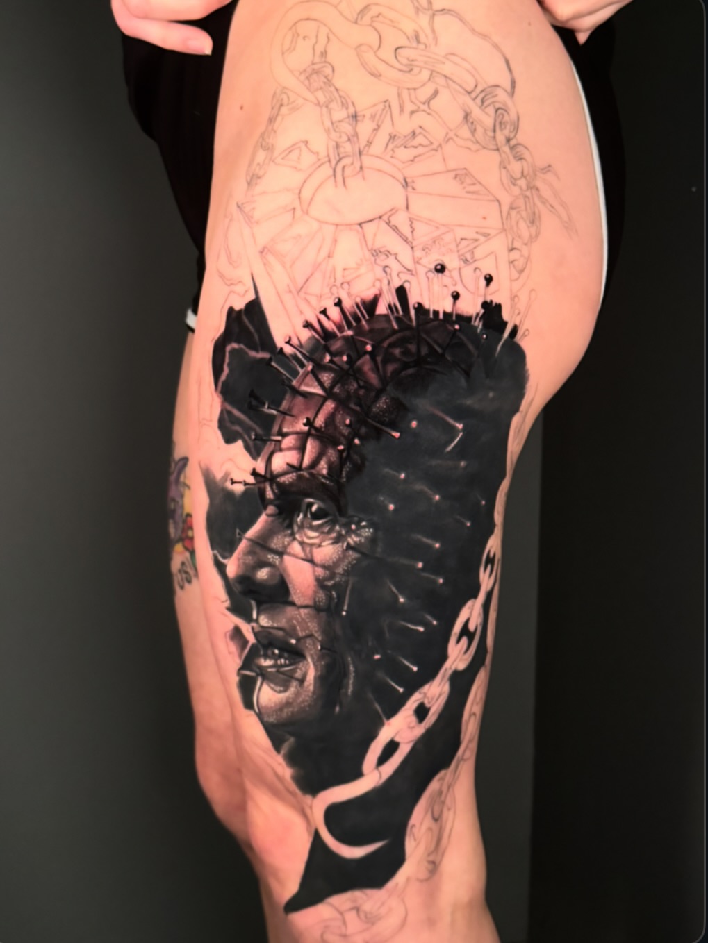 Pinhead realism tattoo on the calf by Lindsey Lane, Dallas, Texas