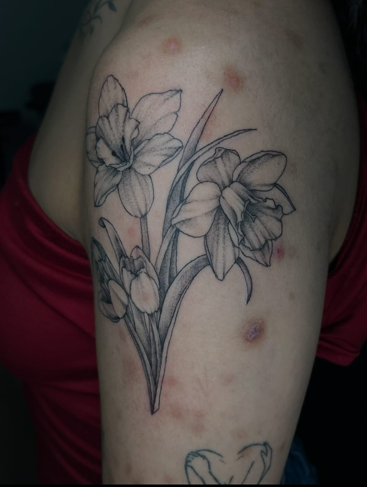Daffodils black and grey tattoo on the upper arm by Luna 🌙
