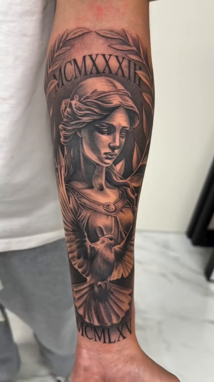 Woman with skull and laurel wreath realism tattoo by Kyle Lopez, Union City, California
