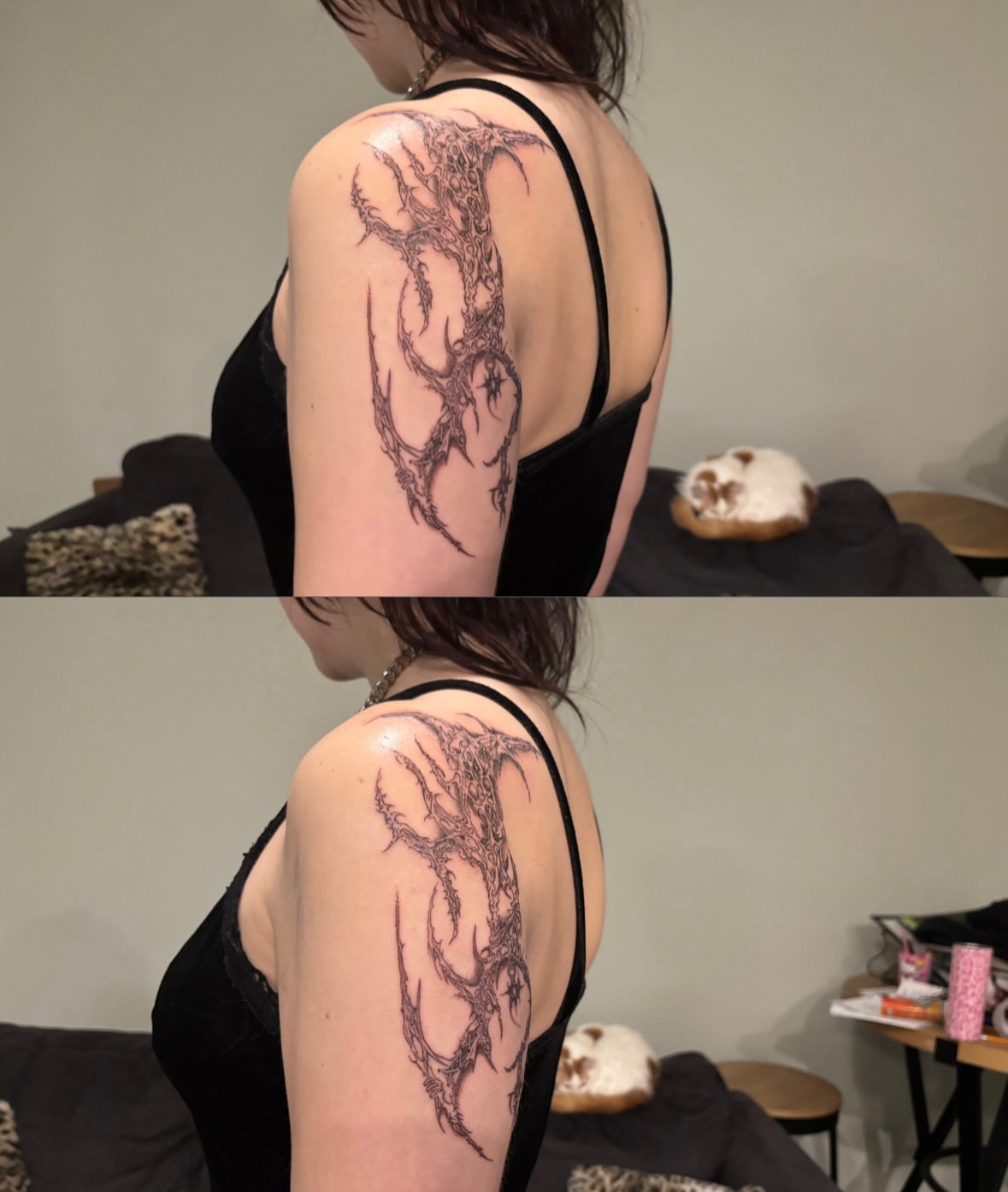 Antlers black and grey tattoo on the shoulder by @miffythereaper