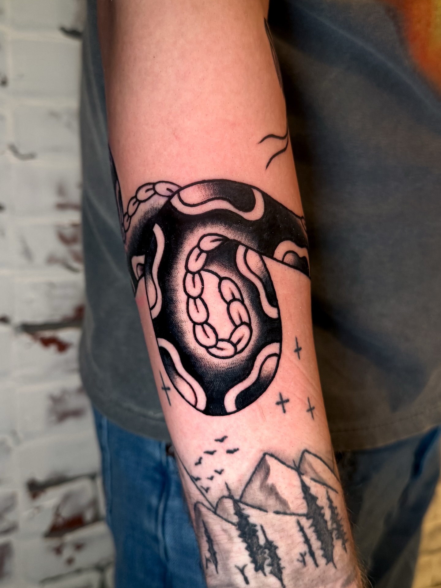 Snake and egg black and grey tattoo on the forearm by Brandt Norcross